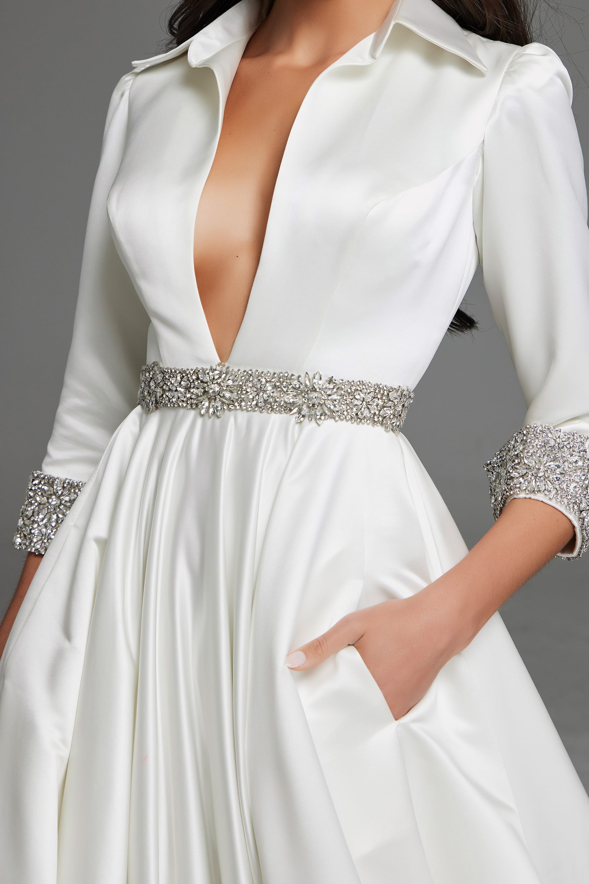 V-Neck Floor-Length Satin Wedding A-Line Gown Jovani S61342