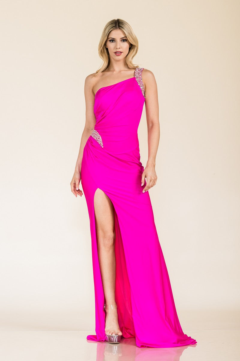 Prom Dresses Fitted Long High Slit Formal Prom Dress Fuchsia