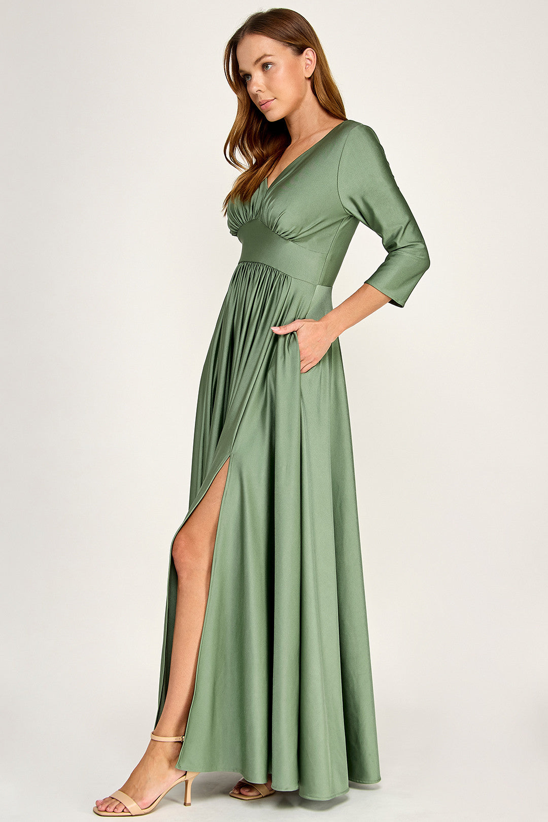 V-Neck Floor-Length Satin Formal A-Line Lenovia 3132