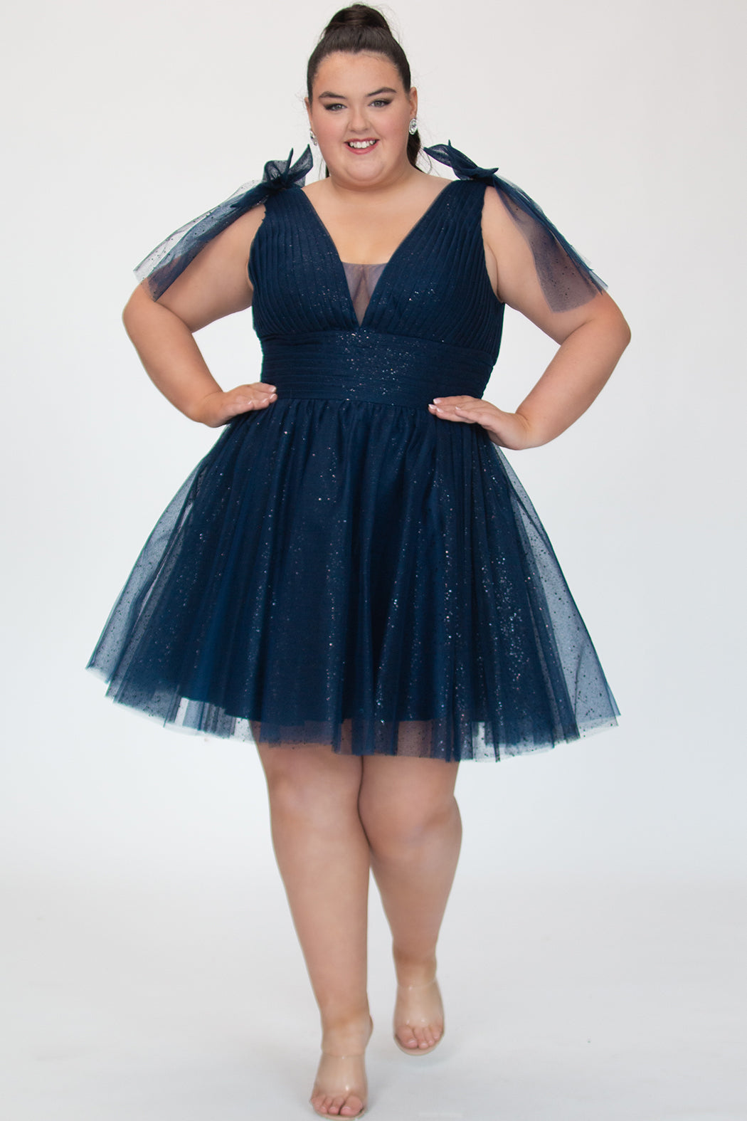 Admiral Blue V-Neck Short Glitter Cocktail Dress Bows Sydneys Closet SC8153