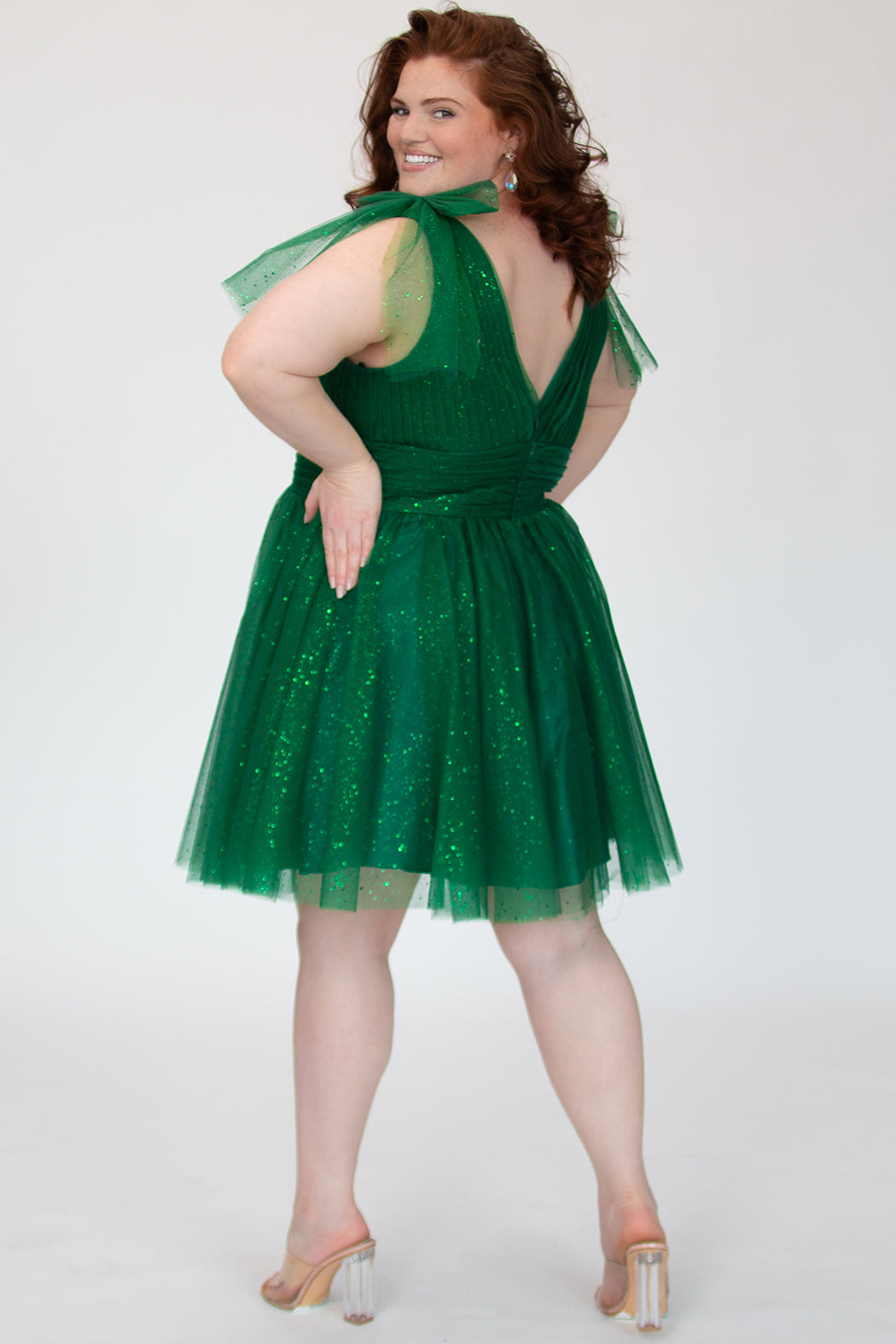 Shamrock Green V-Neck Short Glitter Cocktail Dress Bows Sydneys Closet SC8153