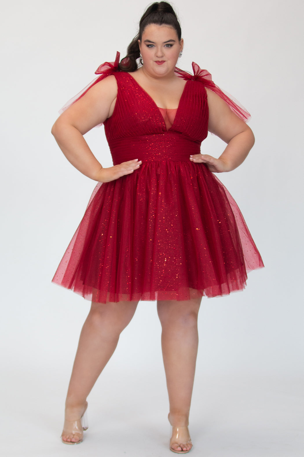 Firecracker Red V-Neck Short Glitter Cocktail Dress Bows Sydneys Closet SC8153