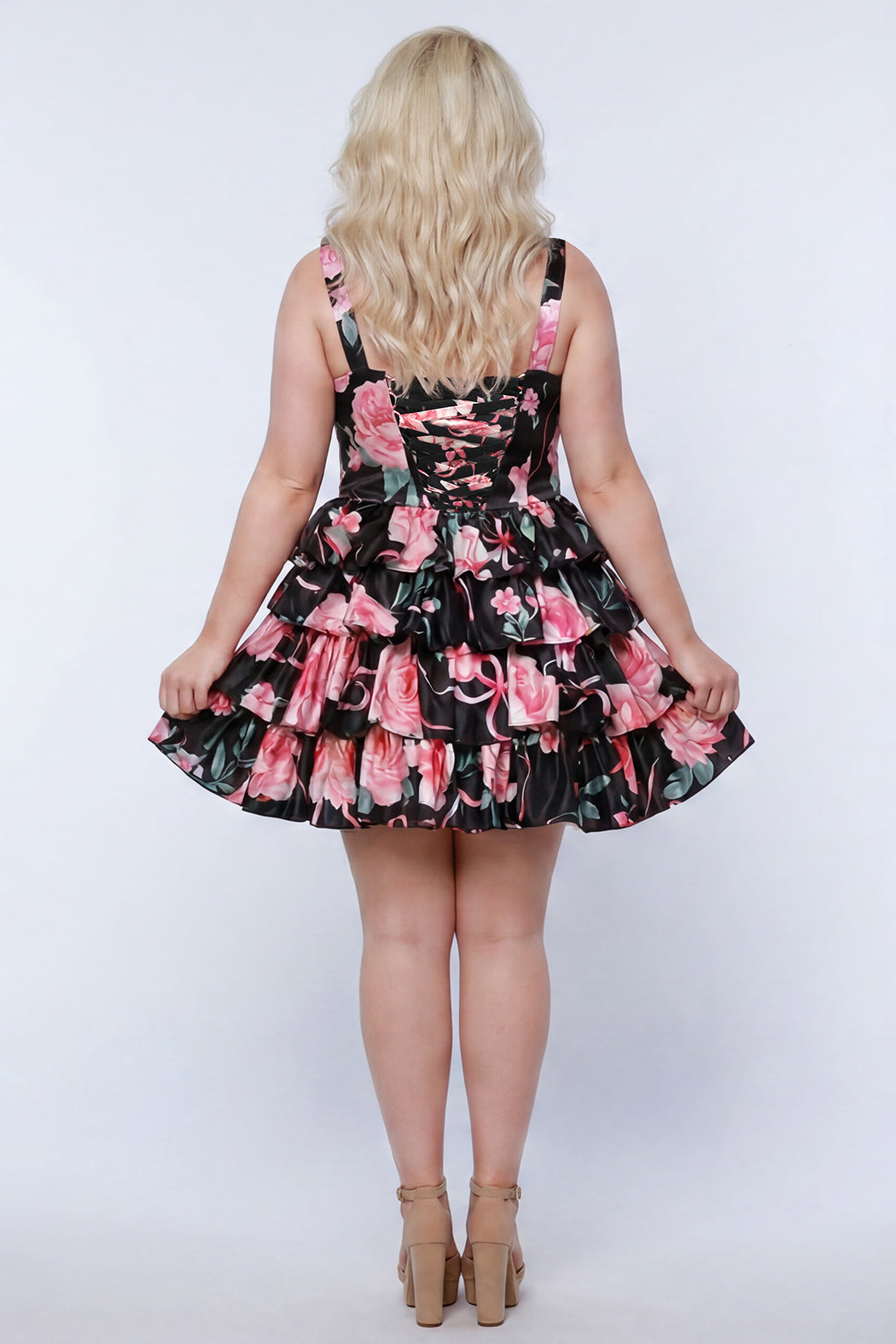 Black Floral Square Neck Short Woven Cocktail Dress Ruffle Sydneys Closet SC8174