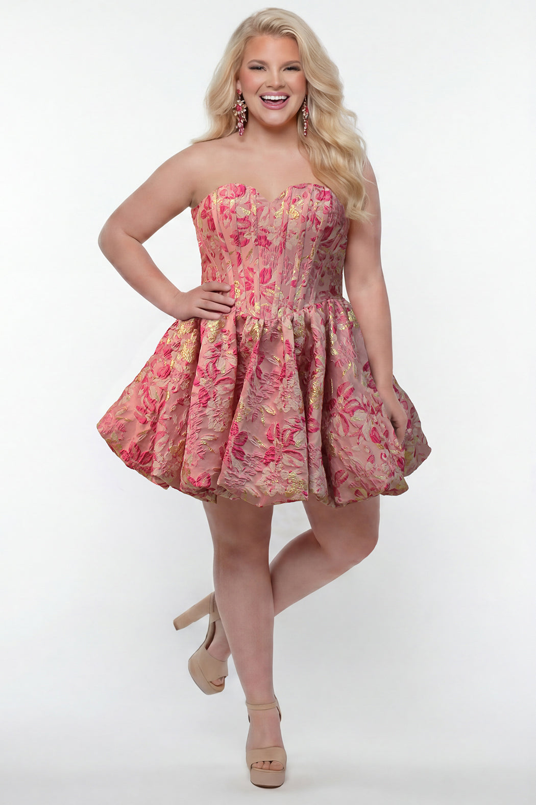 Pink Floral Sweetheart Short Floral Jacquard Cocktail Dress Bubble Hem Sydneys Closet SC8177