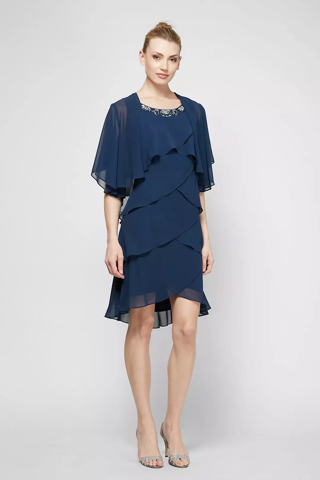 Navy SL Fashions 112296 Tiered Chiffon Jacket Short Dress Formal