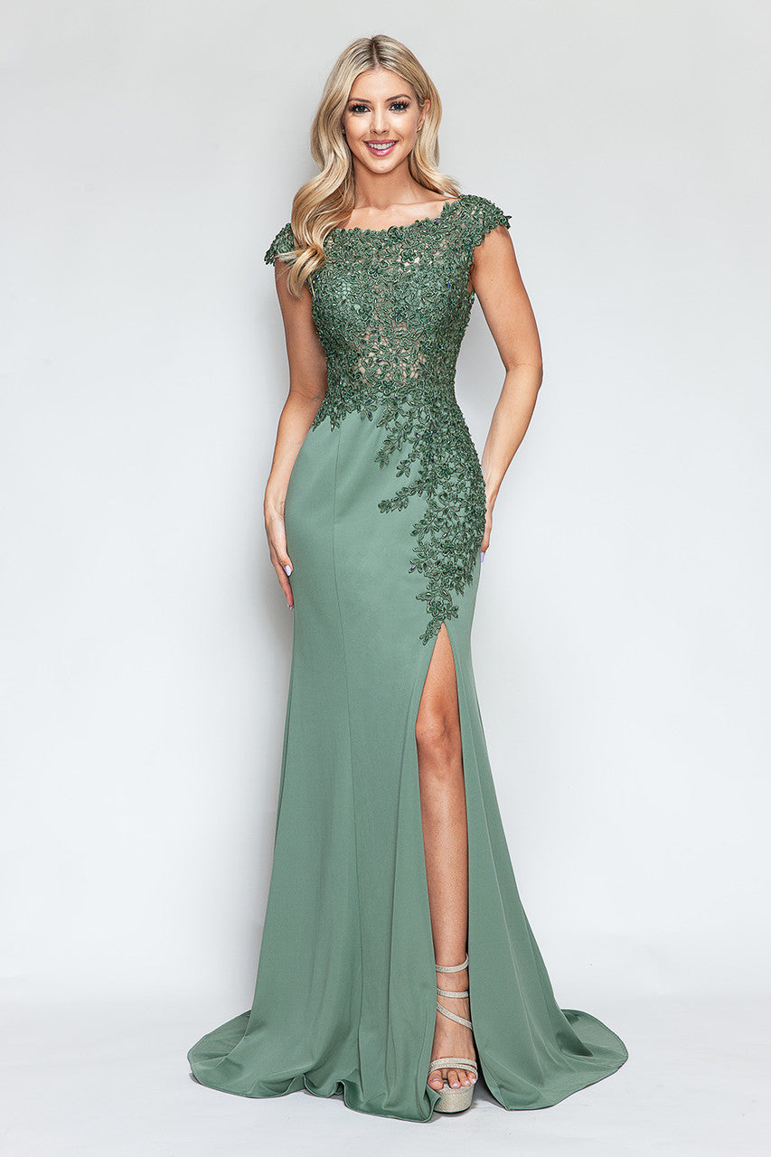 Formal Dresses Beaded Formal Long Floral Dress Lenovia 8343 Sage-Crepe-8343-Beaded