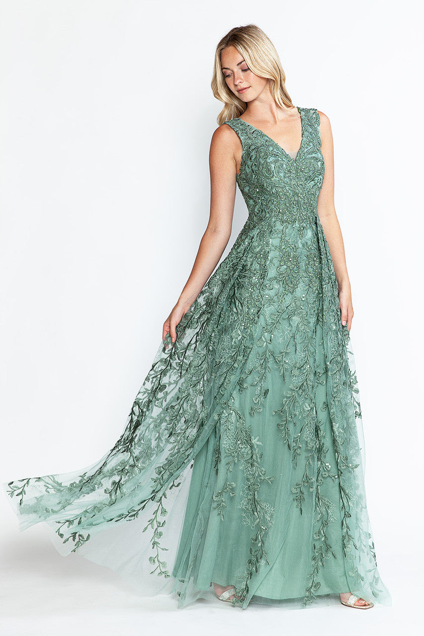 Formal Dresses Prom Long Formal Lace Dress Lenovia 8337 Sage-Embroided-8337-Lace