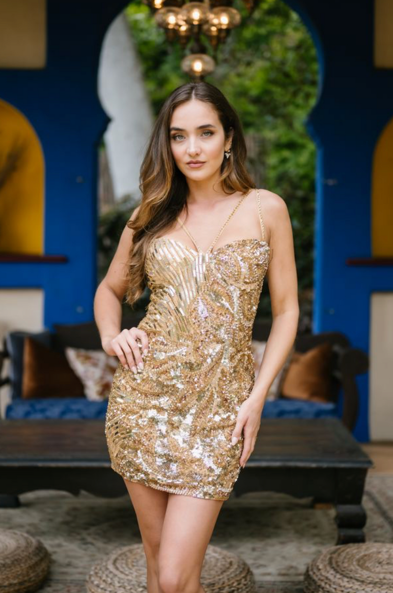 Cocktail Dresses Fitted Cocktail Short Mini Dress Aleta 1280 Gold
