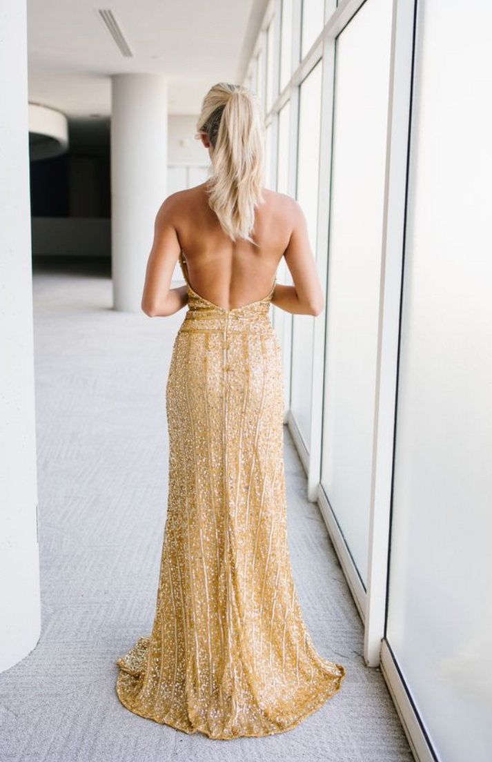 Prom Dresses Long Formal Sequin Fitted Prom Dress Gold