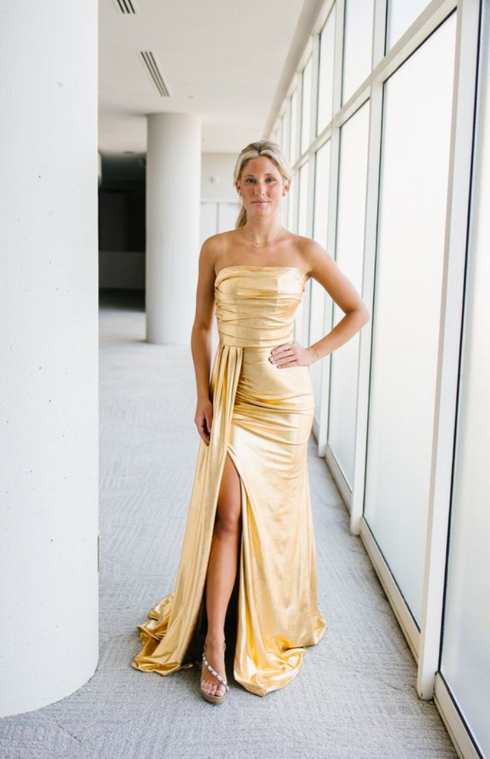 Prom dresses Long Formal Metallic Slit Prom Dress Gold