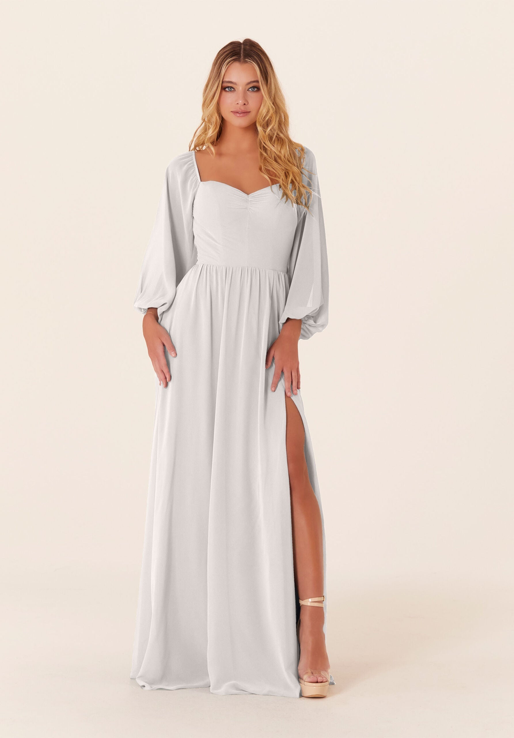 Mother of the Bride Dresses Formal A Line Long Sleeve Mother of the Bride Dress Silver-Chiffon-21830-Pleated