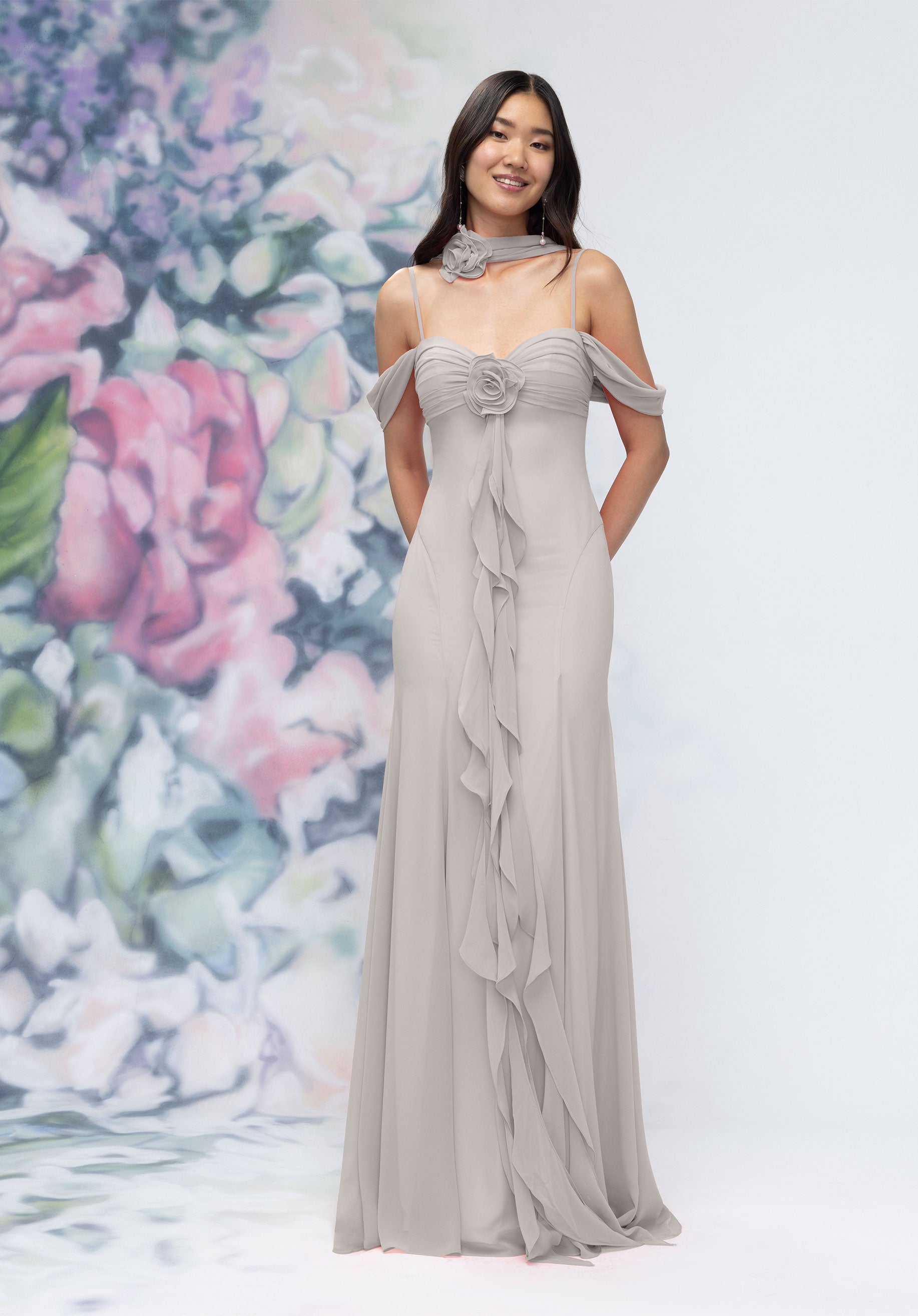 Formal Dresses Long Ruffle Floral Formal Dress Silver-Chiffon-3030000-Ruffle