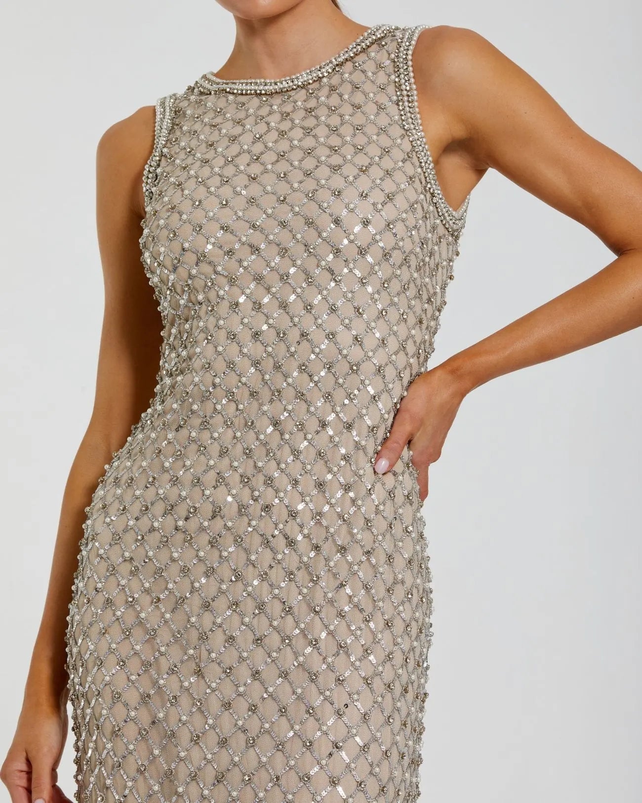 Formal Dresses Fitted Beaded Prom Dress - Long Formal - Mac Duggal 10129 Silver/Nude-Mesh-10129-Beaded