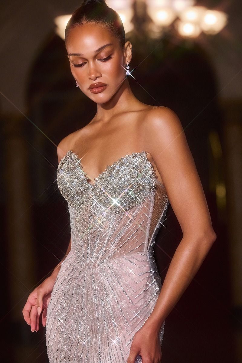 Prom Dresses Long Formal Corset Fitted Prom Dress Silver Nude-Mesh-J903-Beaded