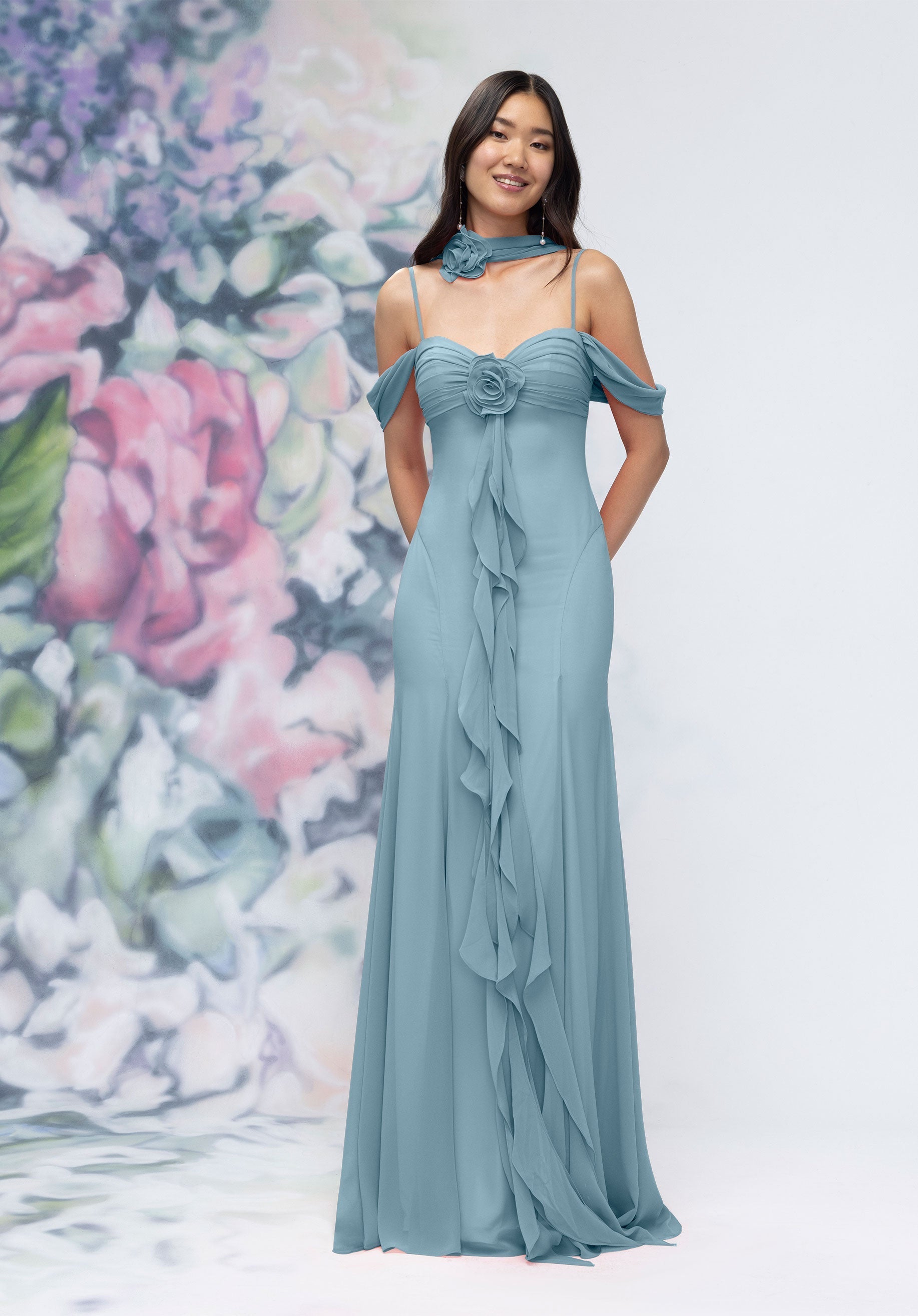 Formal Dresses Formal Long Ruffle Floral Dress Slate-Chiffon-3030000-Ruffle