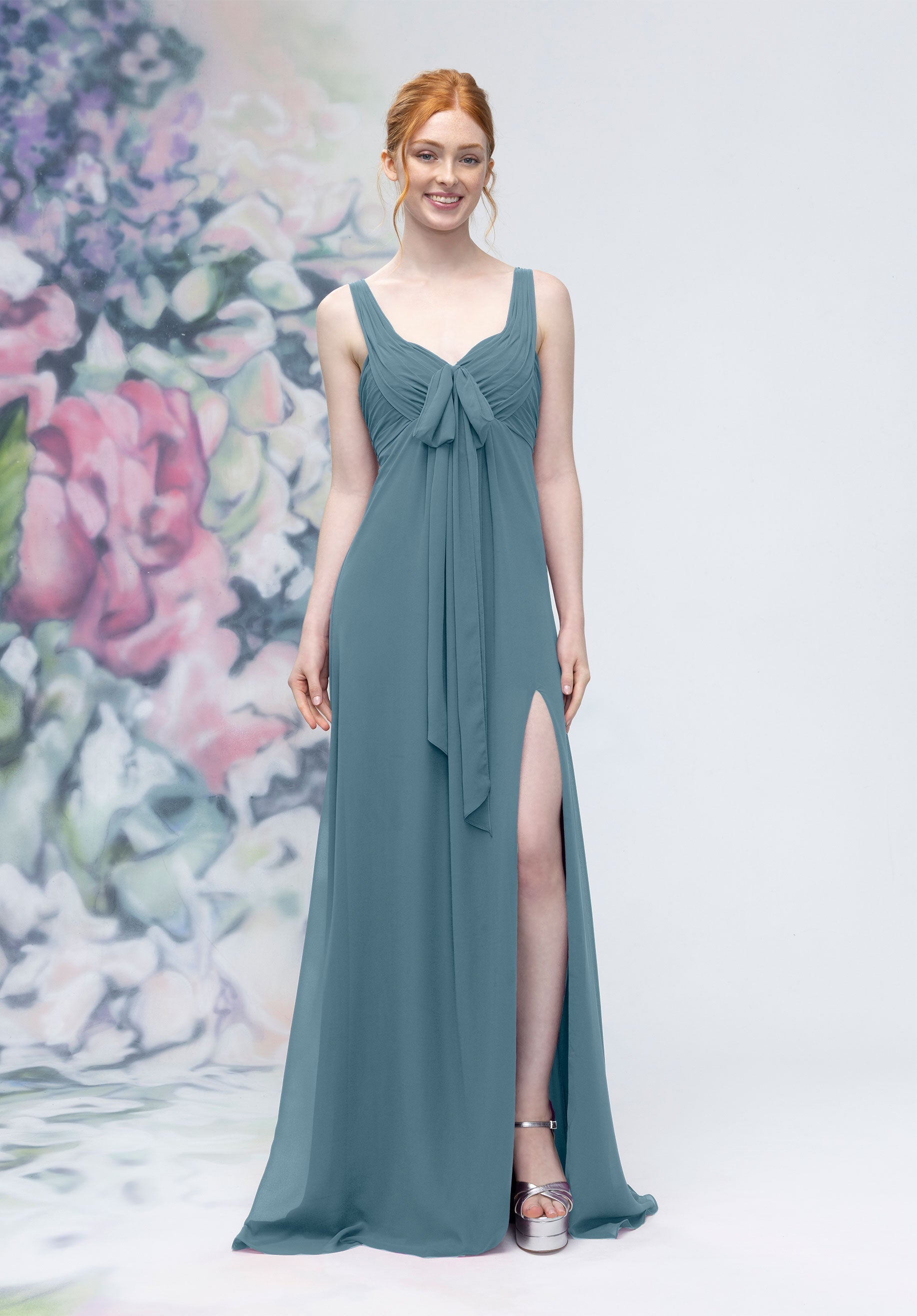 Formal Dresses Formal Long A Line Slit Dress Slate-Chiffon-3030009-Pleated