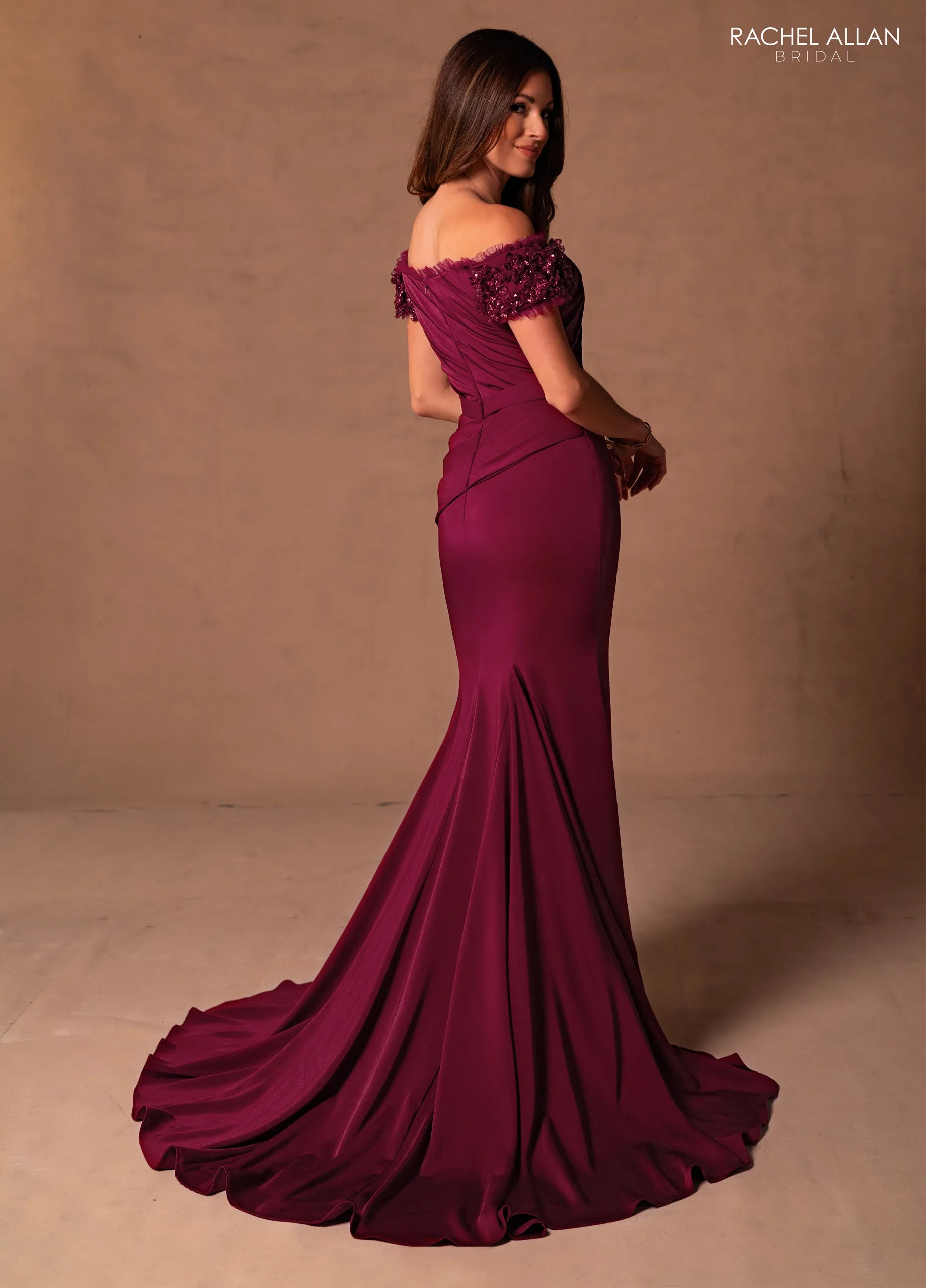 Burgundy Off-the-Shoulder Floor-Length Scuba Mother of the Bride Dress with Pleated Bodice Rachel Allan RB8180