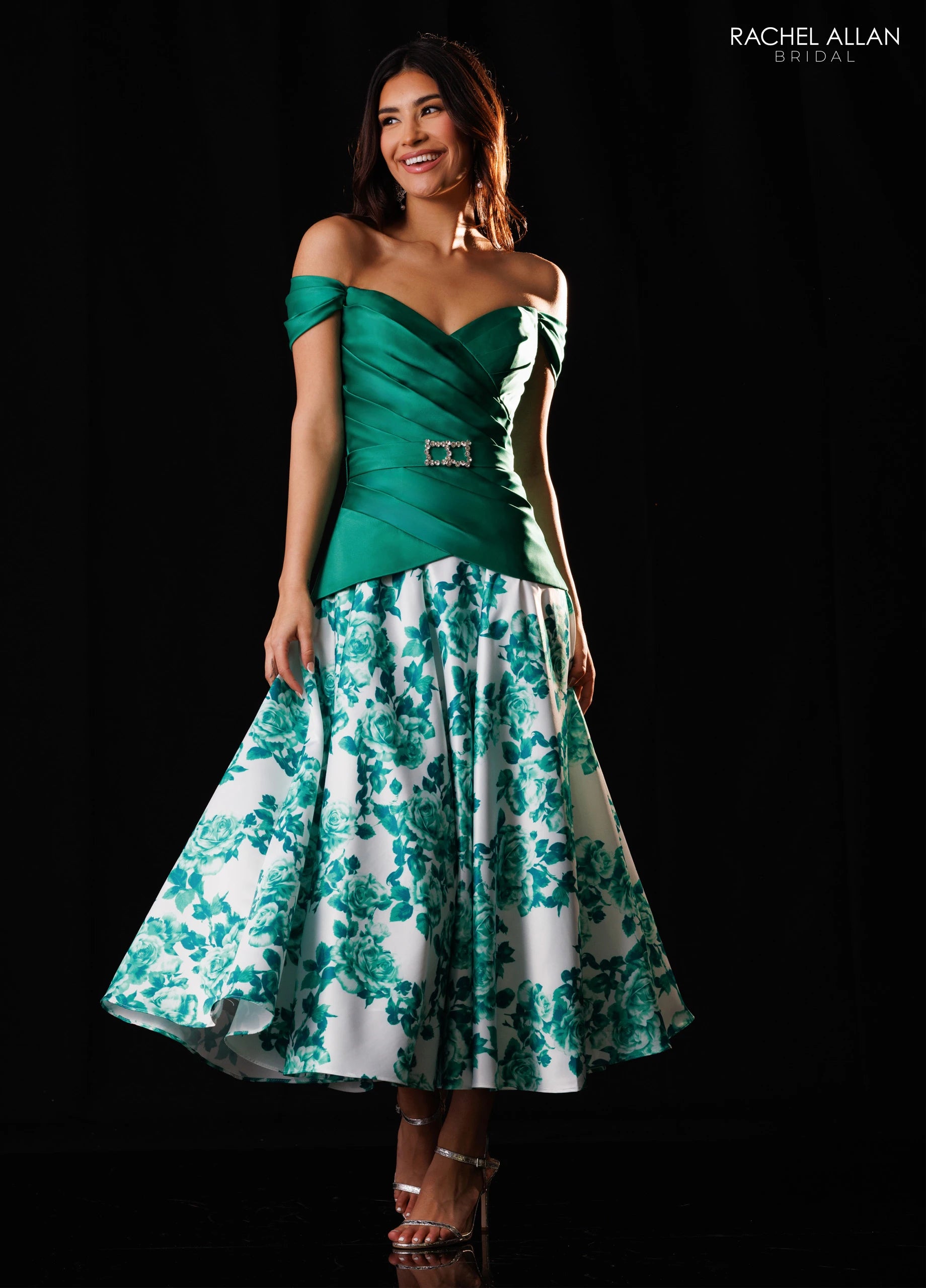 Off-the-Shoulder Tea-Length Satin Formal A-Line Rachel Allan RB8244