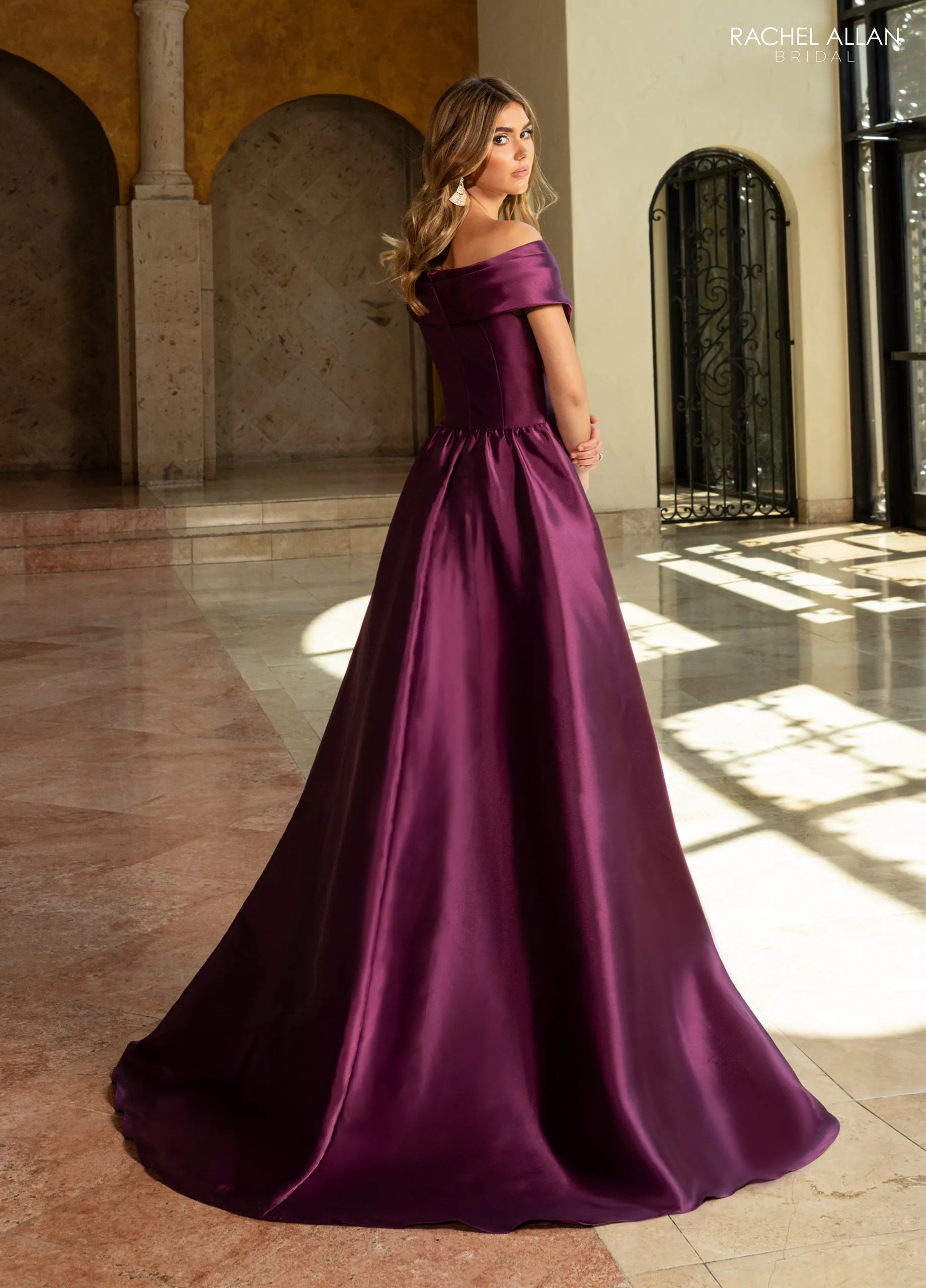 Aubergine Off-the-Shoulder Floor-Length Mikado Formal Gown with Front Slit and Sweeping Train Rachel Allan RB8206
