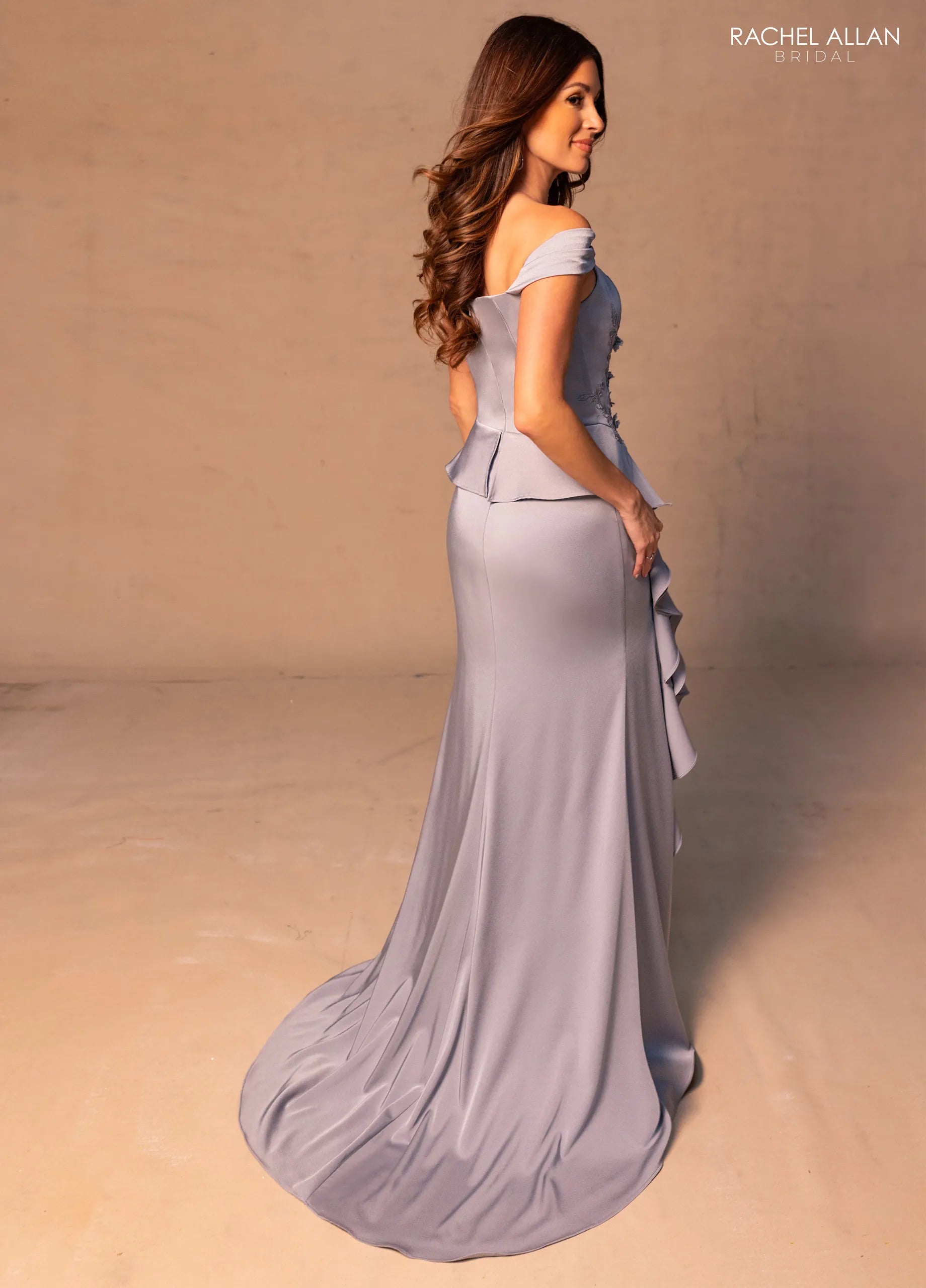 Platinum Off-the-Shoulder Floor-Length Scuba Mother of the Bride Dress with Ruffles Rachel Allan RB8176