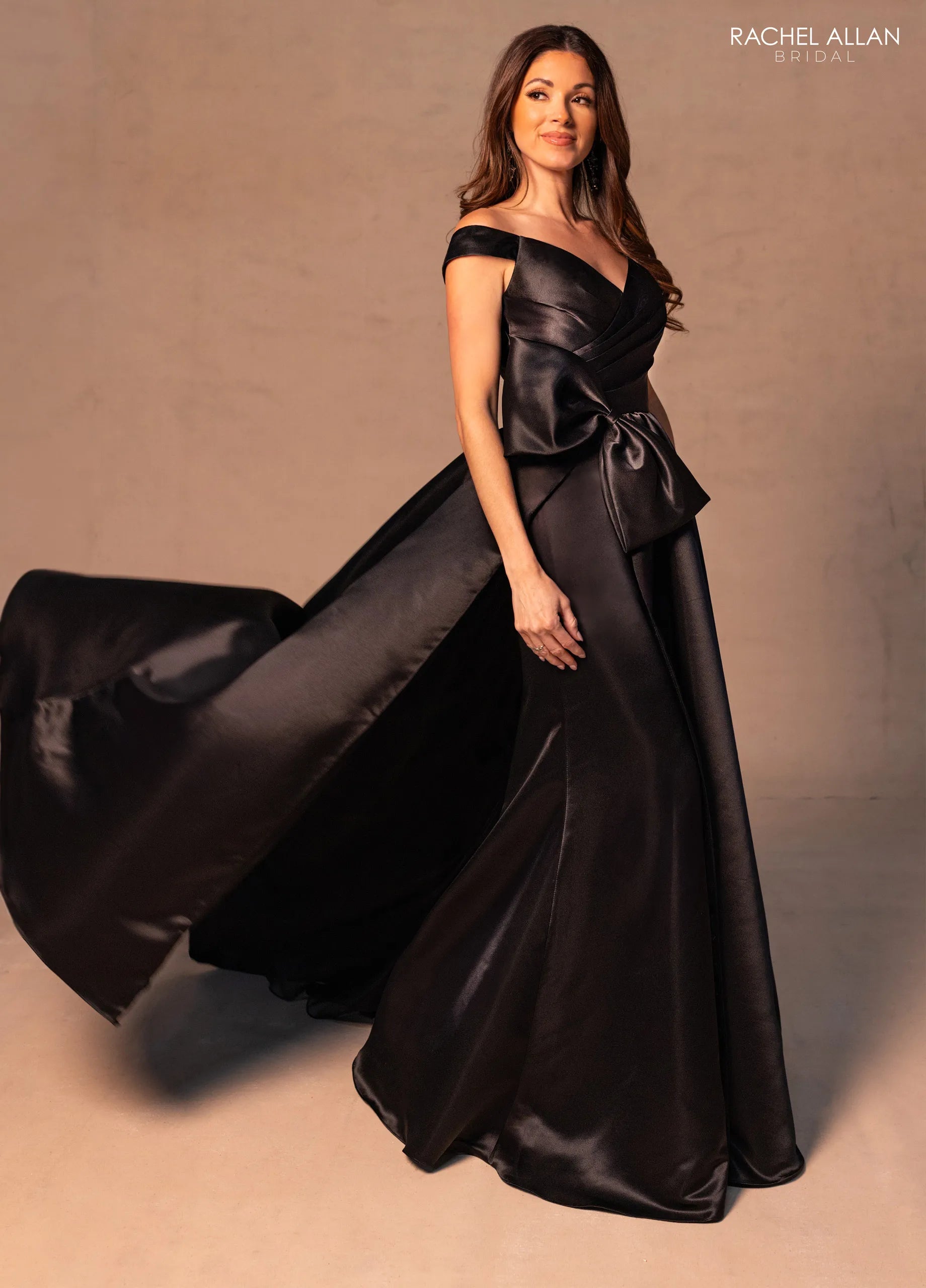 Black Off-the-Shoulder Floor-Length Satin Formal Dress with Oversized Bow Rachel Allan RB8186