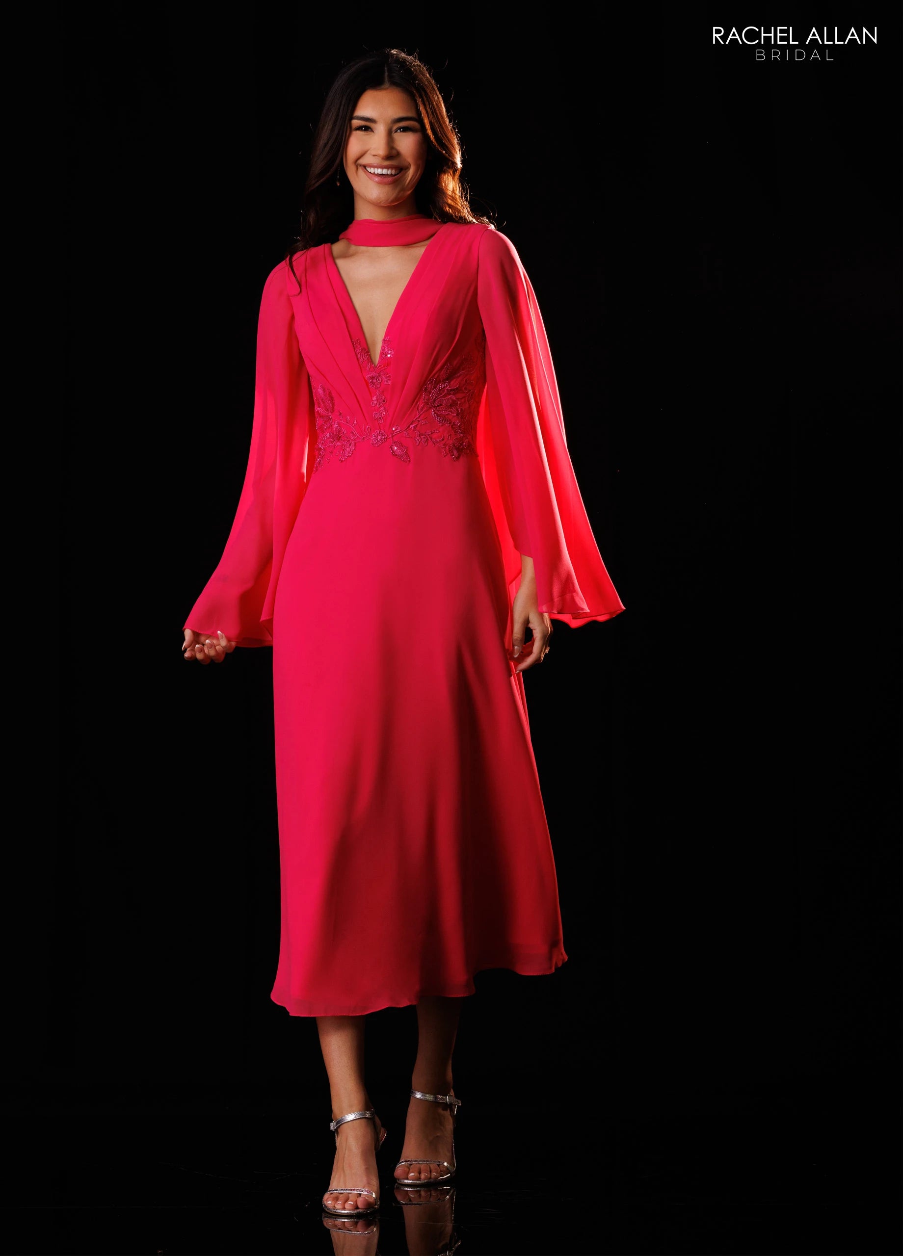 V-Neck Tea-Length Chiffon Formal A-Line Rachel Allan RB8234