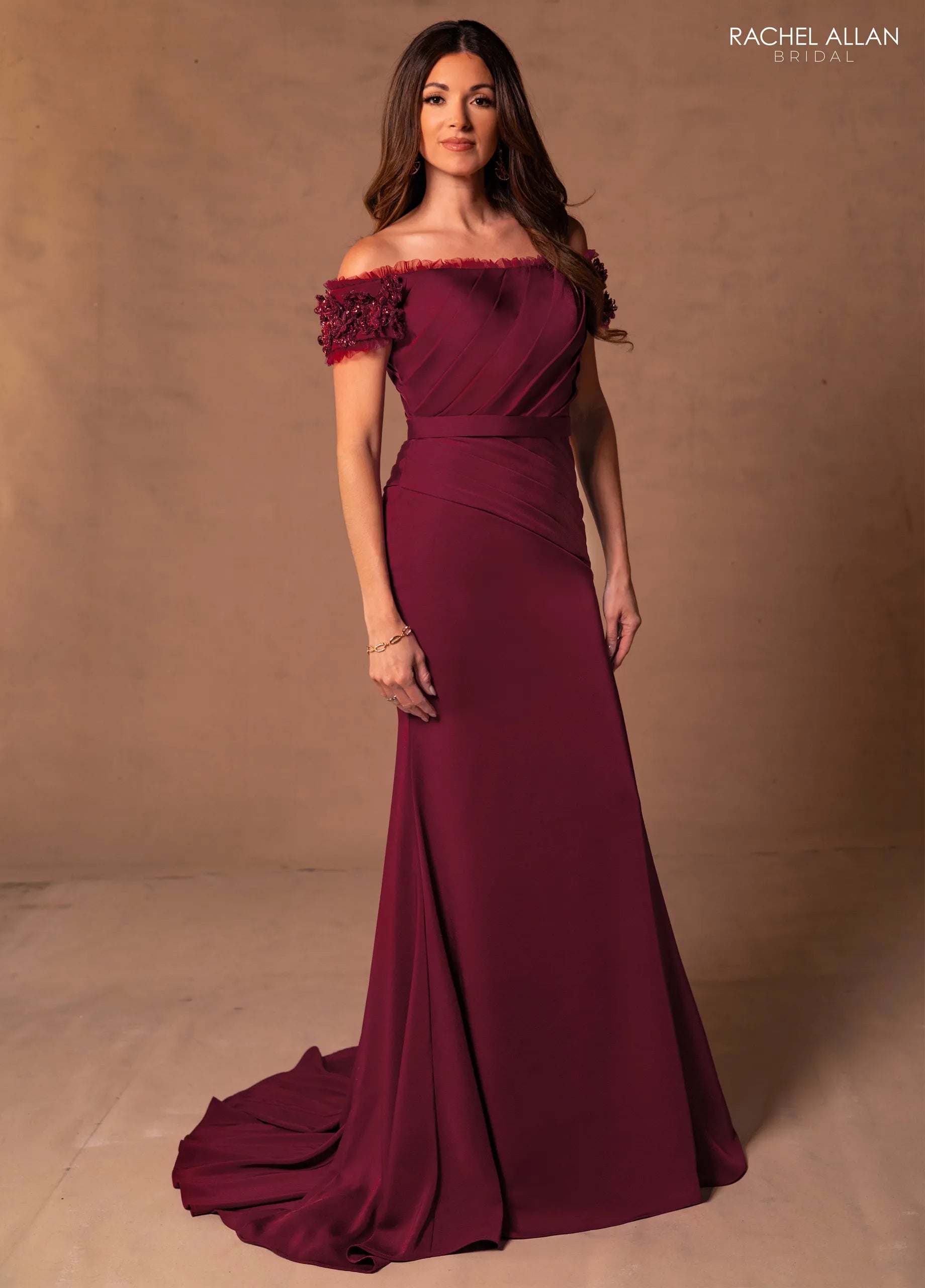 Burgundy Off-the-Shoulder Floor-Length Scuba Mother of the Bride Dress with Pleated Bodice Rachel Allan RB8180