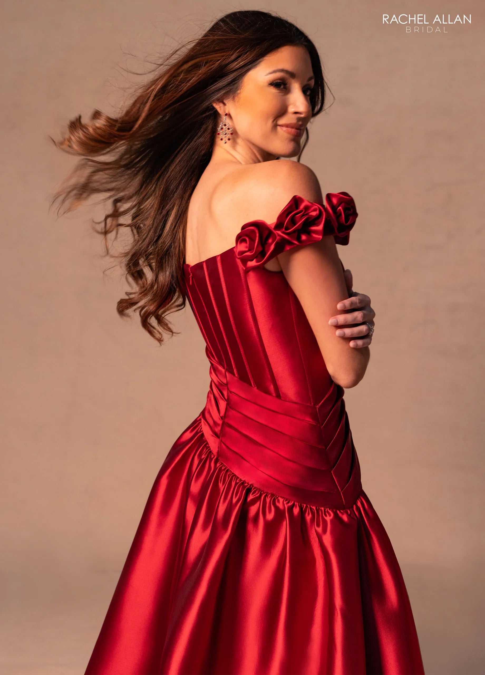 Burgundy Off-the-Shoulder Floor-Length Satin Formal Dress with High Slit Rachel Allan RB8177