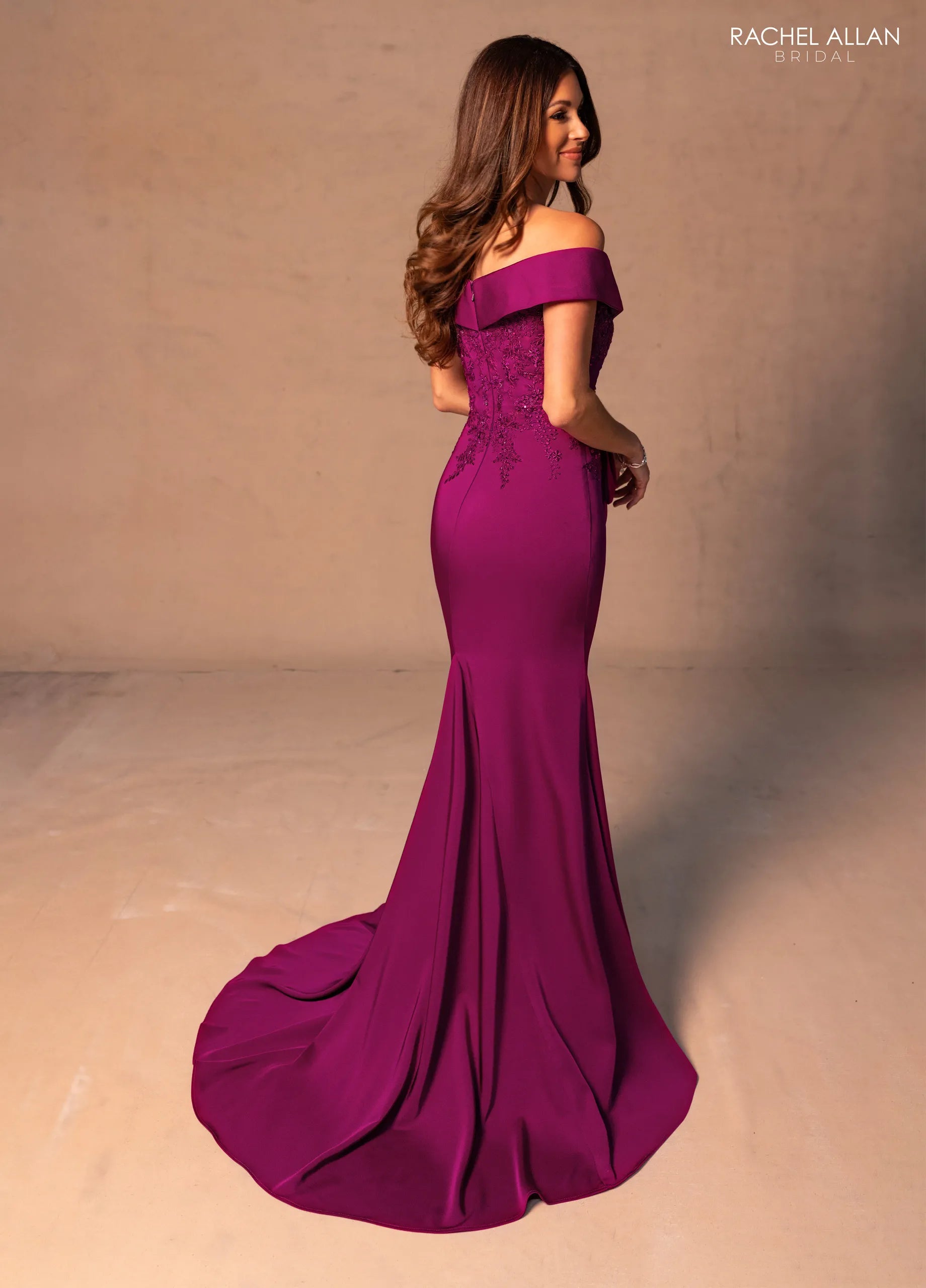 Sangria Off-the-Shoulder Floor-Length Scuba Mother of the Bride Dress with Lace Detail Rachel Allan RB8178