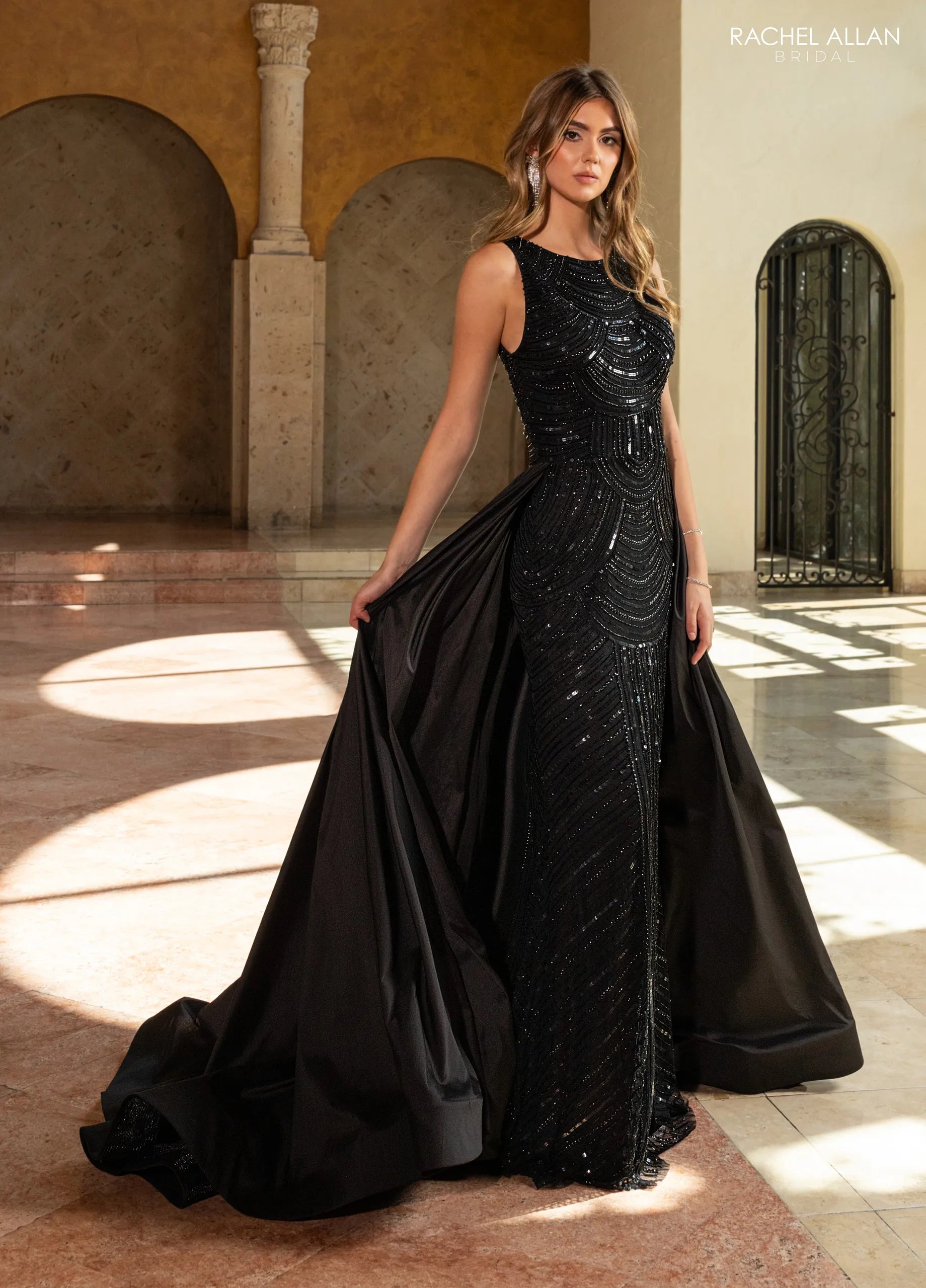 Black Round Neck Floor-Length Tulle Formal Gown with Detachable Taffeta Overskirt Rachel Allan RB8214