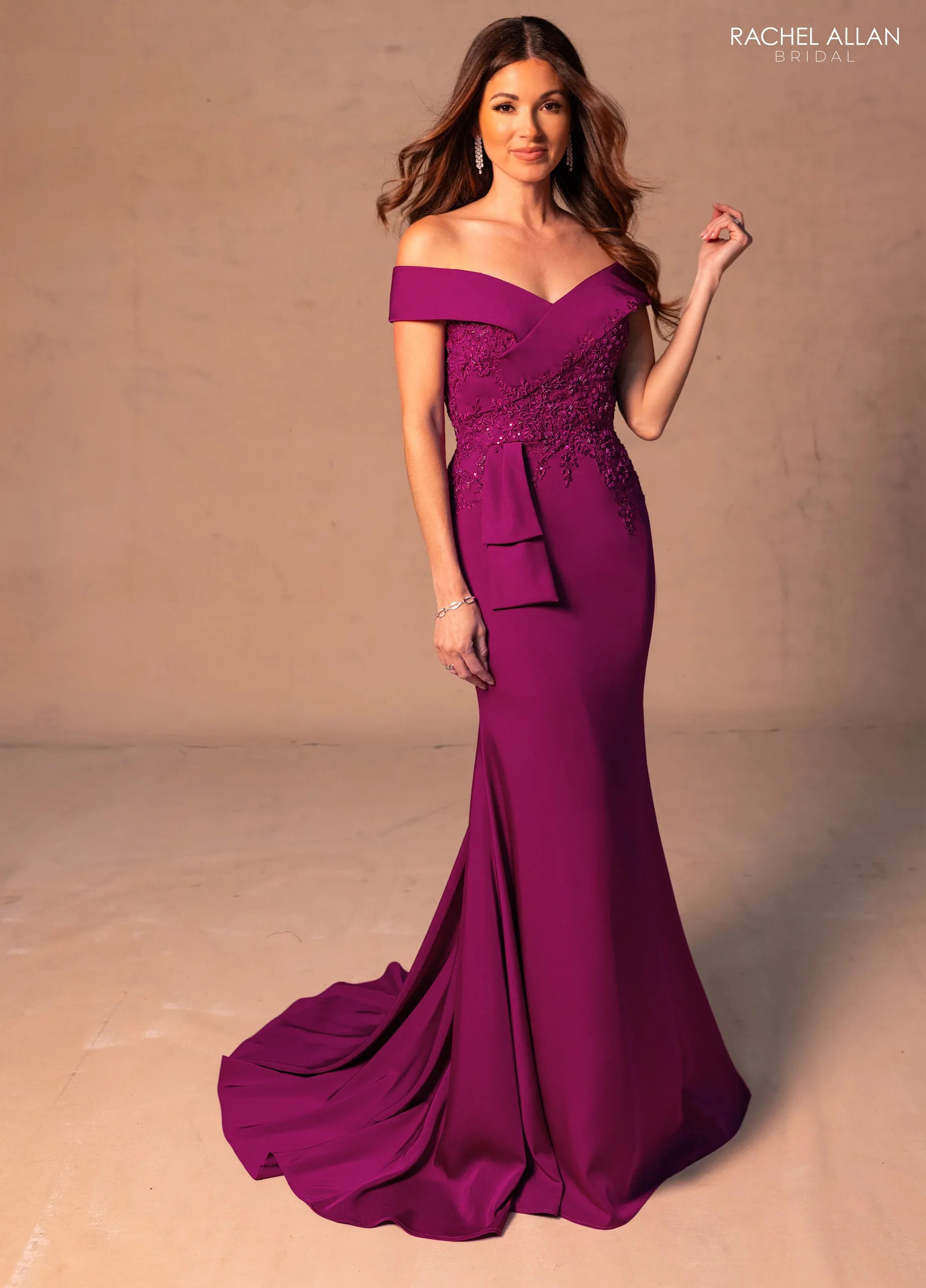 Sangria Off-the-Shoulder Floor-Length Scuba Mother of the Bride Dress with Lace Detail Rachel Allan RB8178
