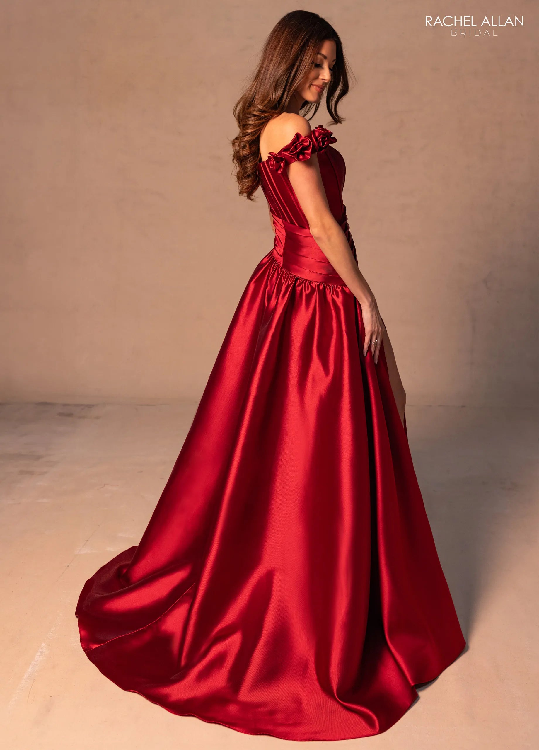 Burgundy Off-the-Shoulder Floor-Length Satin Formal Dress with High Slit Rachel Allan RB8177