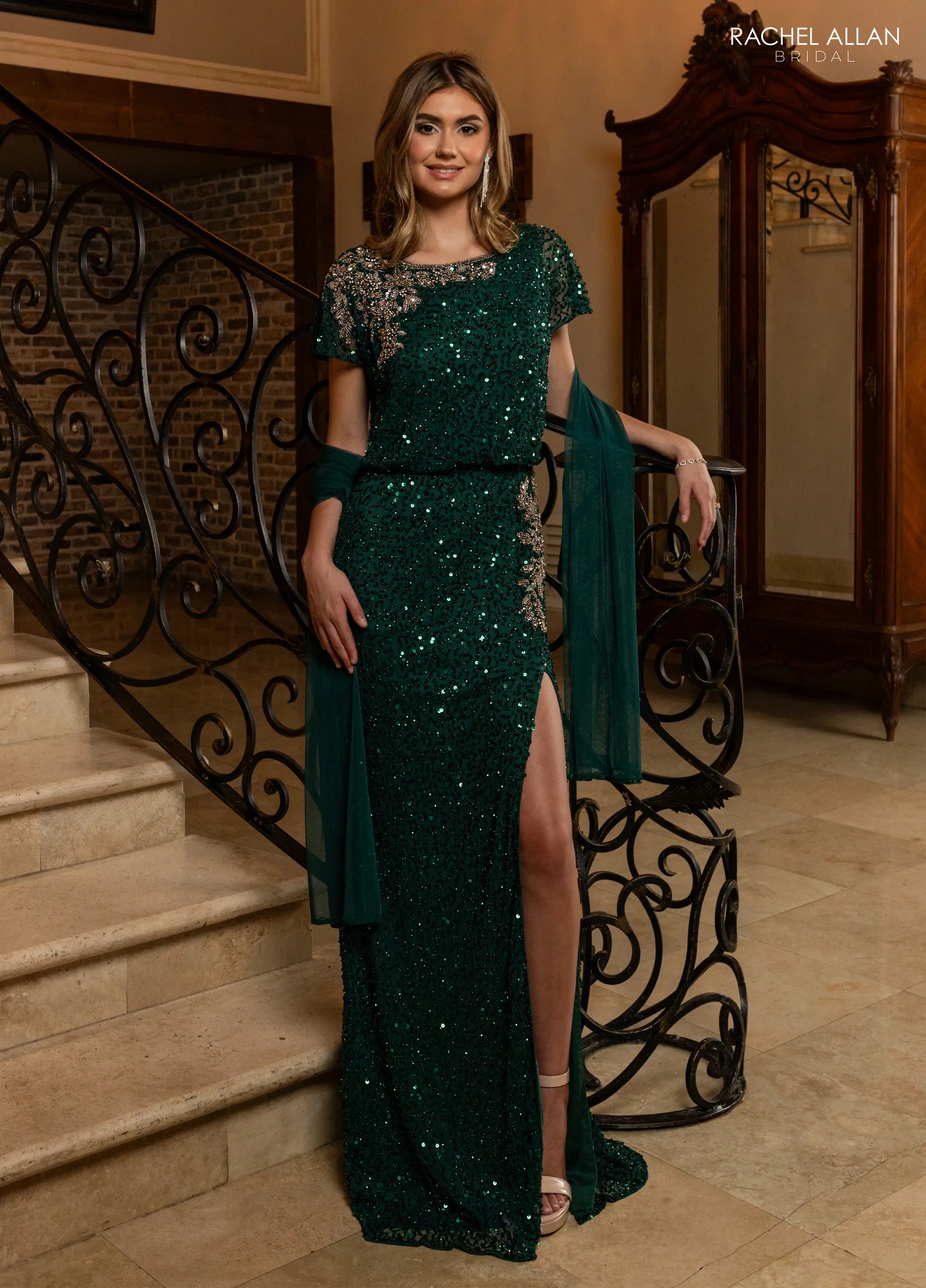 Hunter Green Rose Gold Scoop-Neck Floor-Length Sequin Tulle Formal Gown with Blouson Bodice Rachel Allan RB8210