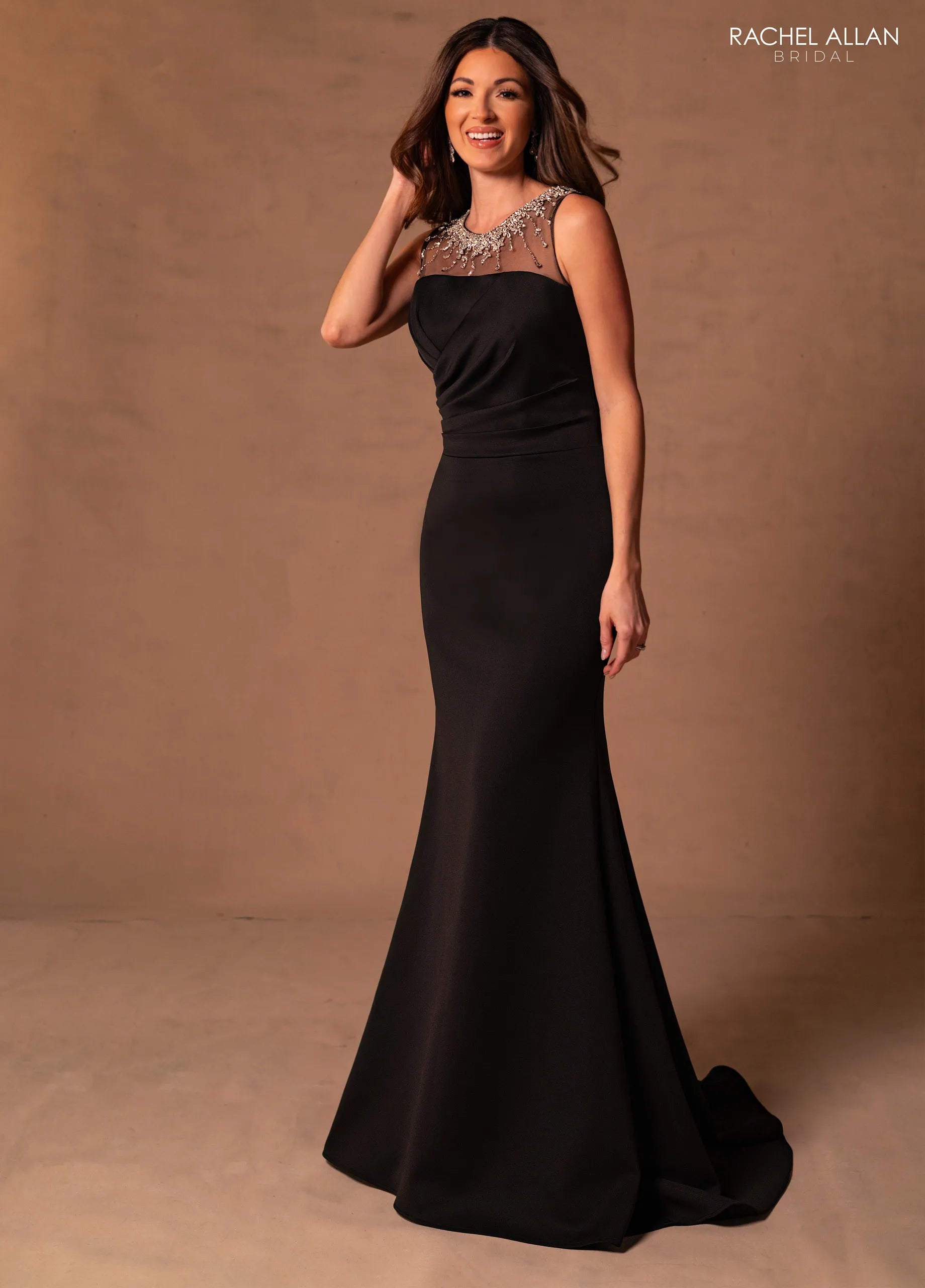 Black Silver Illusion Neckline Floor-Length Beaded Jersey Formal Evening Dress Rachel Allan RB8189