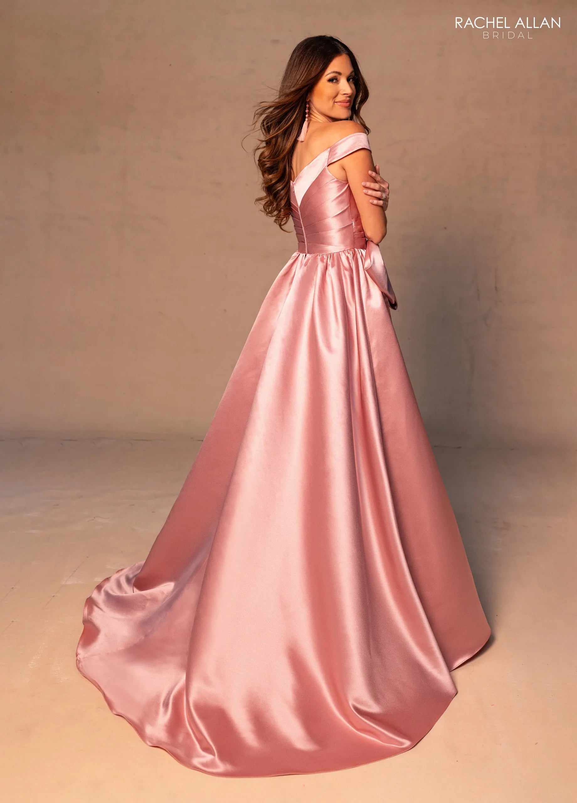 Blush Off-the-Shoulder Floor-Length Satin Formal Dress with Oversized Bow Rachel Allan RB8186