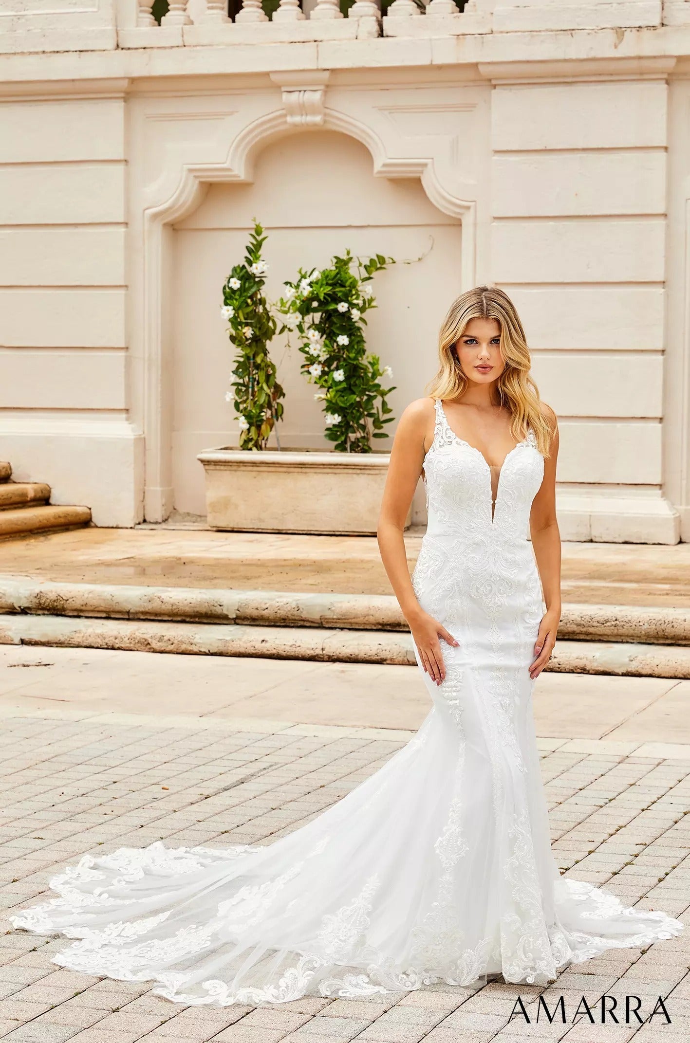 Wedding Dresses Bridal Lace Applique Long Fitted Wedding Dress Amarra 84370 Ivory/Ivory