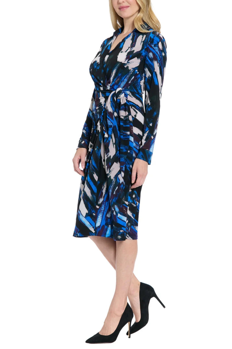 Cocktail Dresses Criss-Cross Collared Neckline Long Sleeved Midi Dress with Cinched Waist Black/Royal