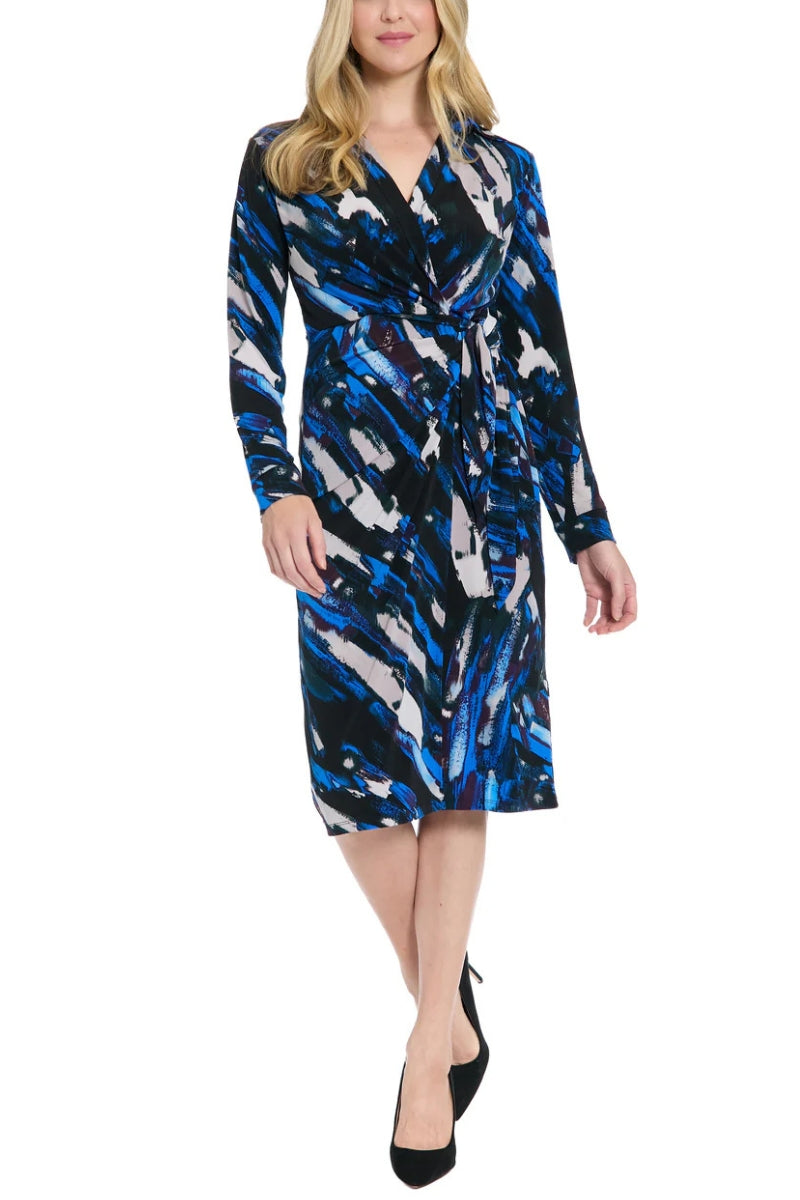 Cocktail Dresses Criss-Cross Collared Neckline Long Sleeved Midi Dress with Cinched Waist Black/Royal