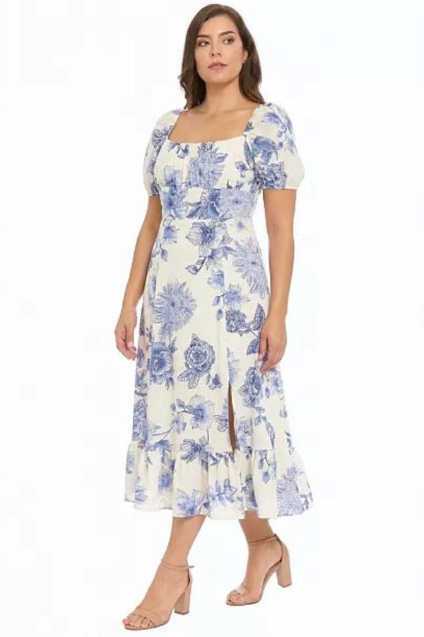 Linen Floral Puff Sleeve Midi Dress London Times T10358M