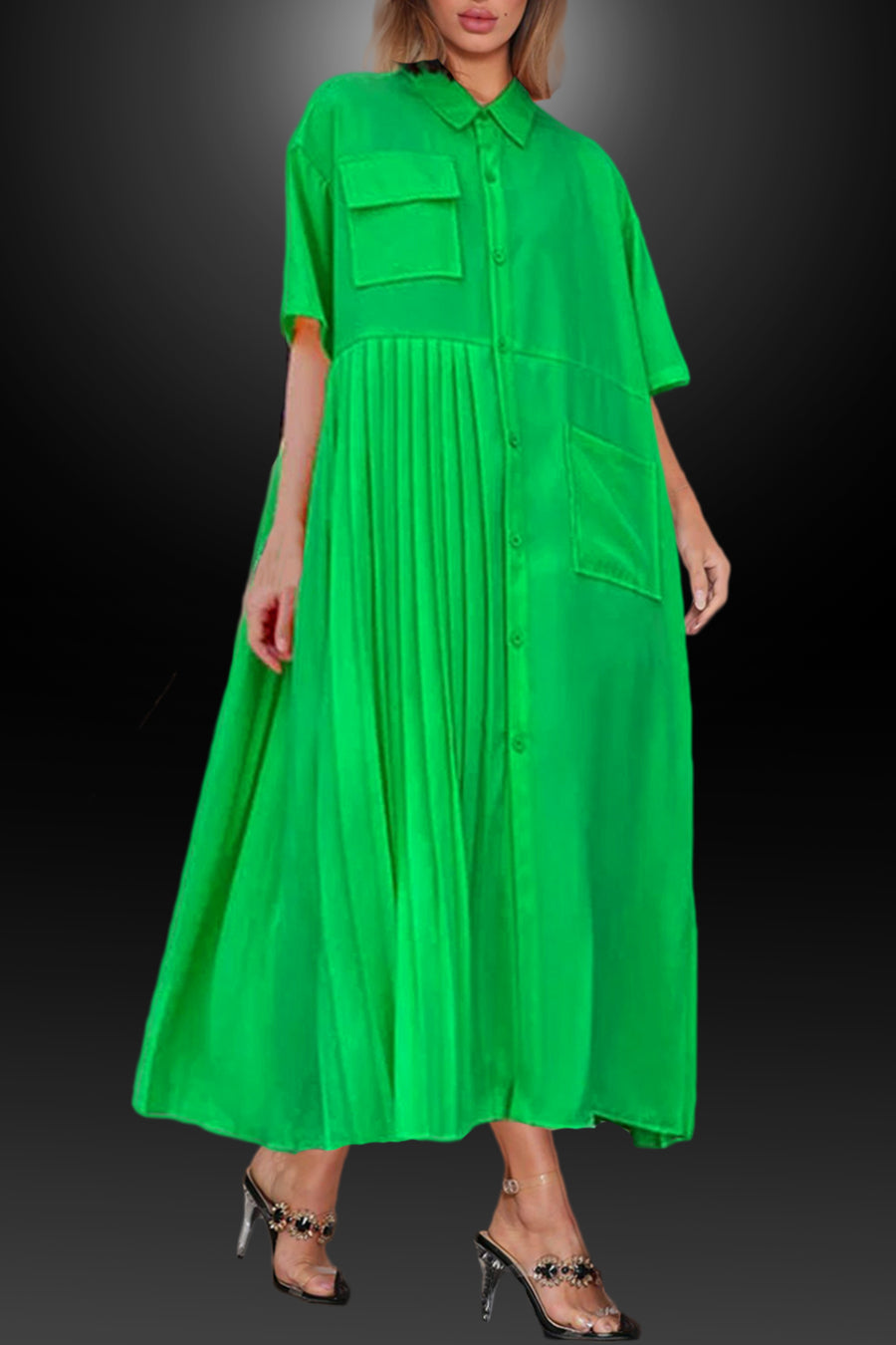 Green Short Sleeve Button Down Pockets Pleated Midi Dress