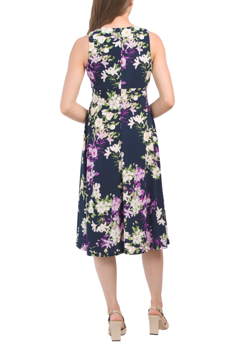 London Times T4470M Pleated Short Cocktail Floral Print Midi Dress