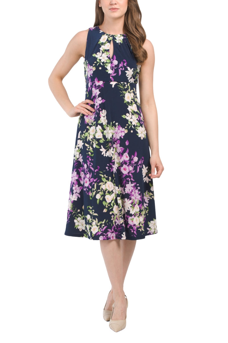 London Times T4470M Pleated Short Cocktail Floral Print Midi Dress