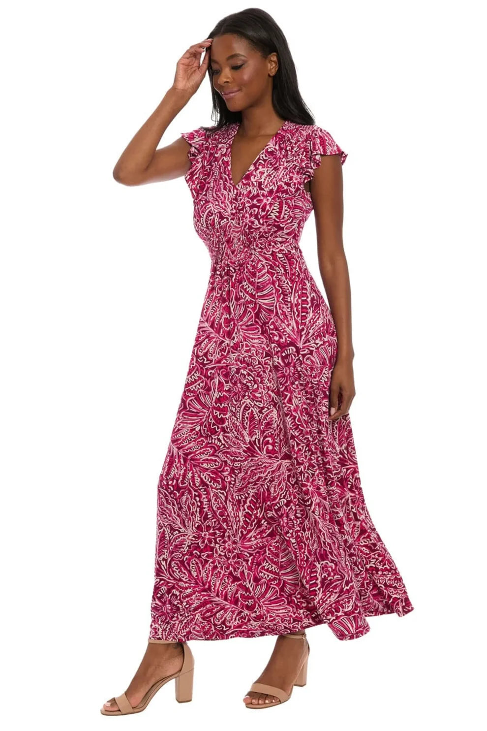 Plum and Pink Floral Smocked Maxi Dress London Times T8190M