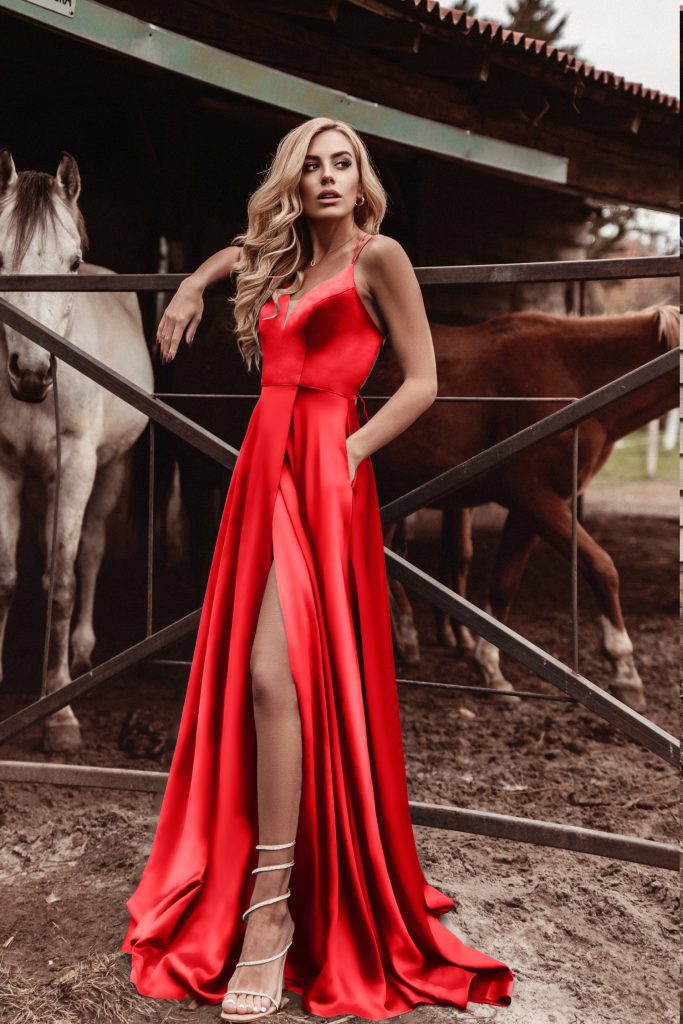 V-Neck Floor-Length Satin Formal A-Line Gown Tina Holly TE001