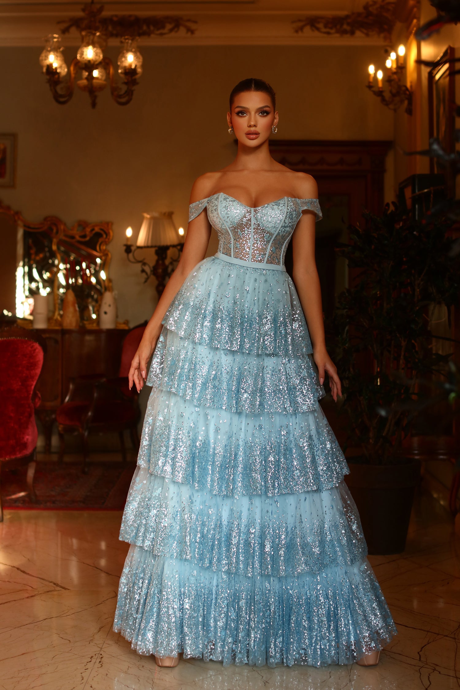 Off-the-Shoulder Floor-Length Sequin Formal A-Line Gown Tina Holly TYTE206
