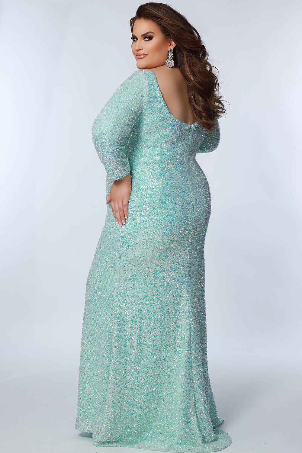 Plus Size Dresses Plus Size Long Sleeve Formal Pleated Sequin Prom Dress Aqua