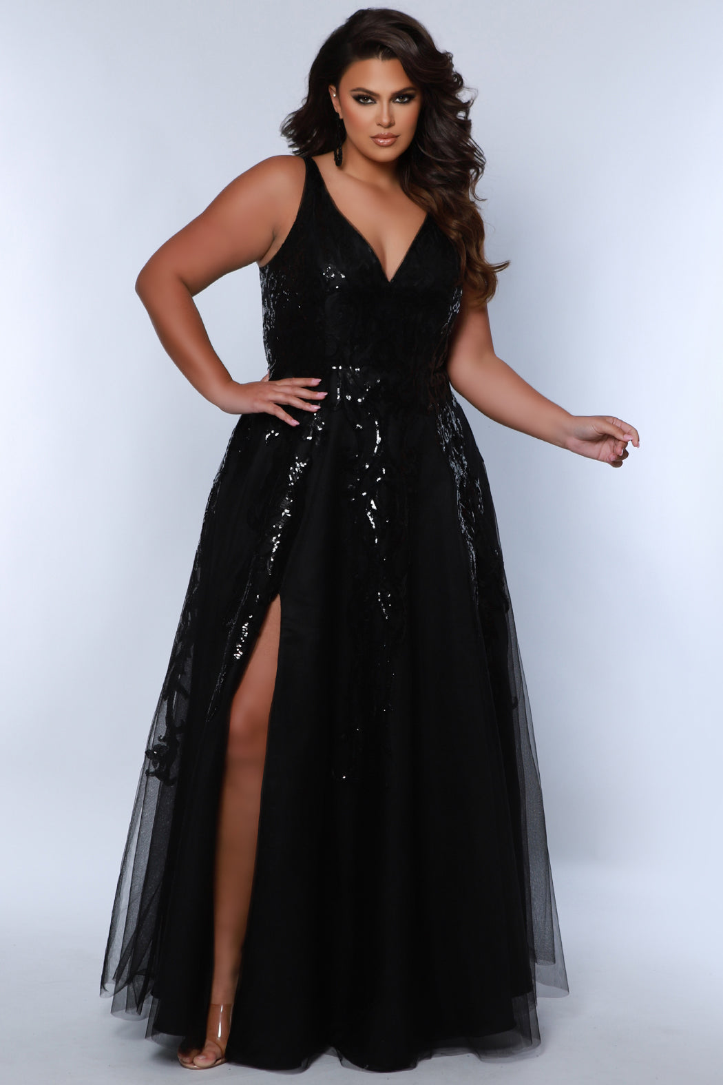 Sydneys Closet TE2443 Plus Size A Line Long Formal Sequin Applique Prom Dress