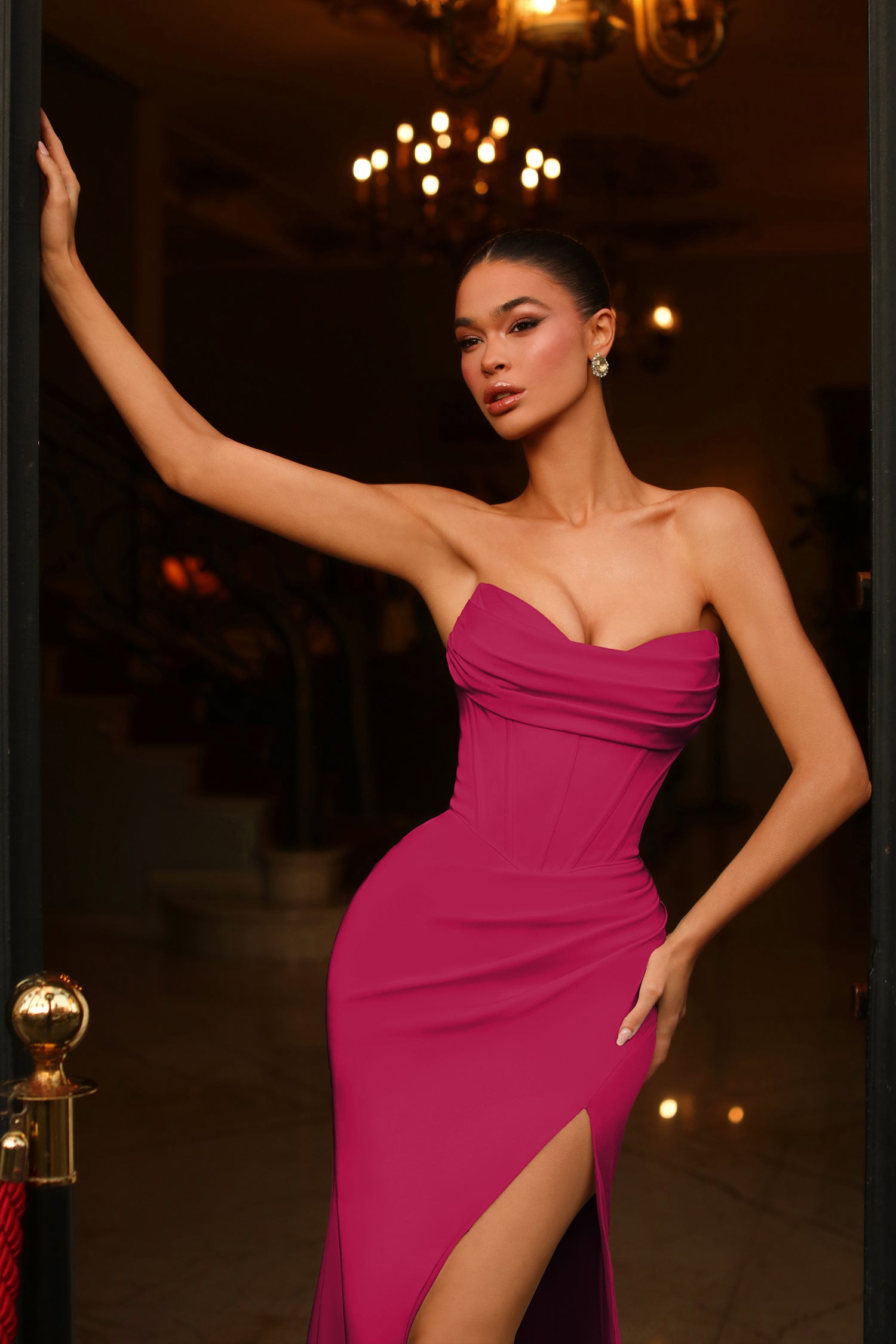 Tina Holly TE650 Pleated Slit Long Formal Corset Prom Dress