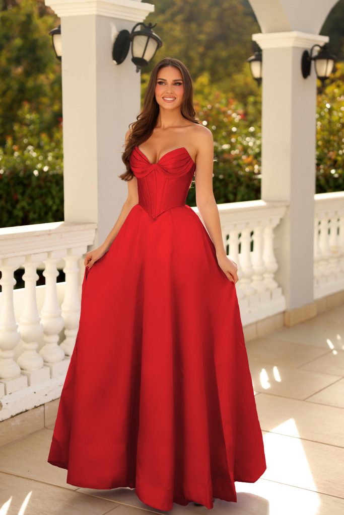 Red Strapless Floor-Length Mikado Prom Gown with Twisted Knot Waist A-Line Formal Dress Tina Holly TE704P