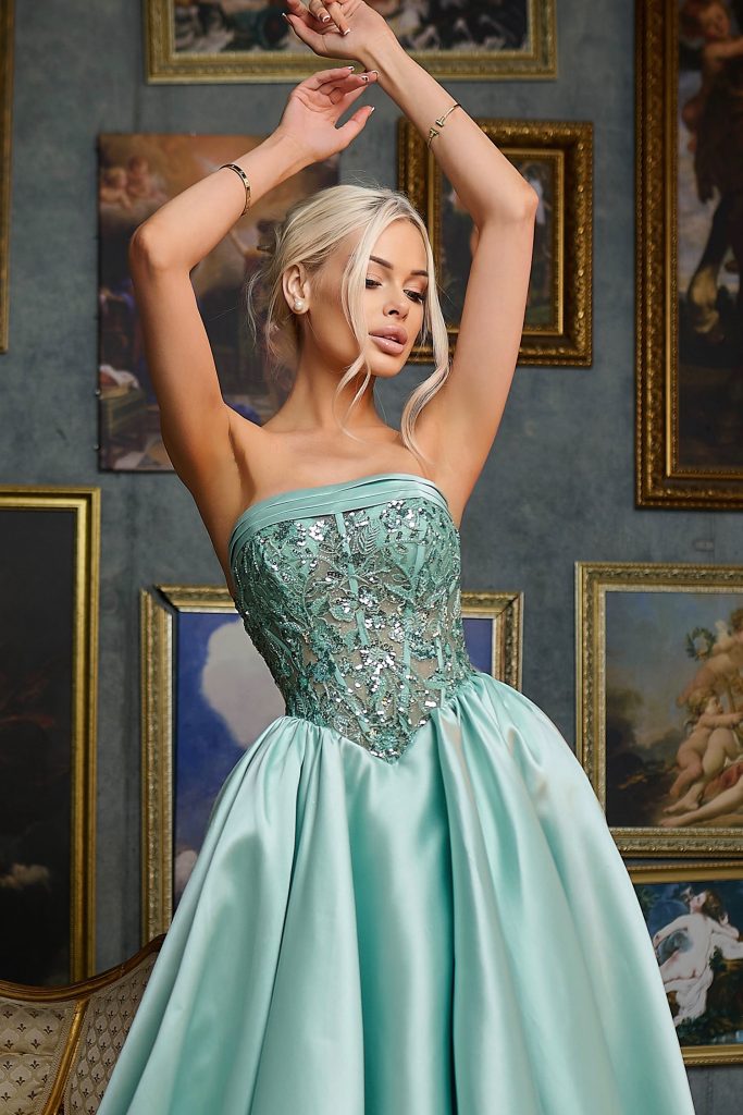 Soft Mint Strapless Floor Length Mikado Prom Dress with Beaded Bodice and High Slit Tina Holly TE706